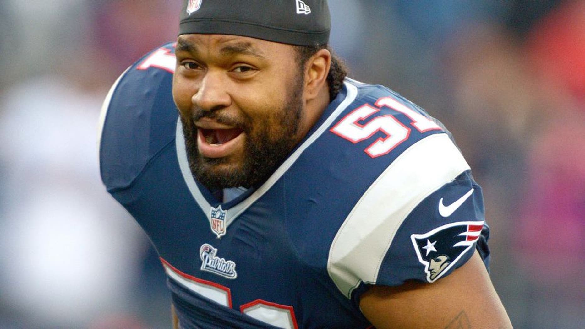 Jan 13, 2013; Foxboro, MA, USA; New England Patriots linebacker Jerod Mayo (51) during the AFC Divisional Round playoff game against the Houston Texans at Gillette Stadium. The Patriots defeated the Texans 41-28. Mandatory Credit: Kirby Lee/USA TODAY Sports