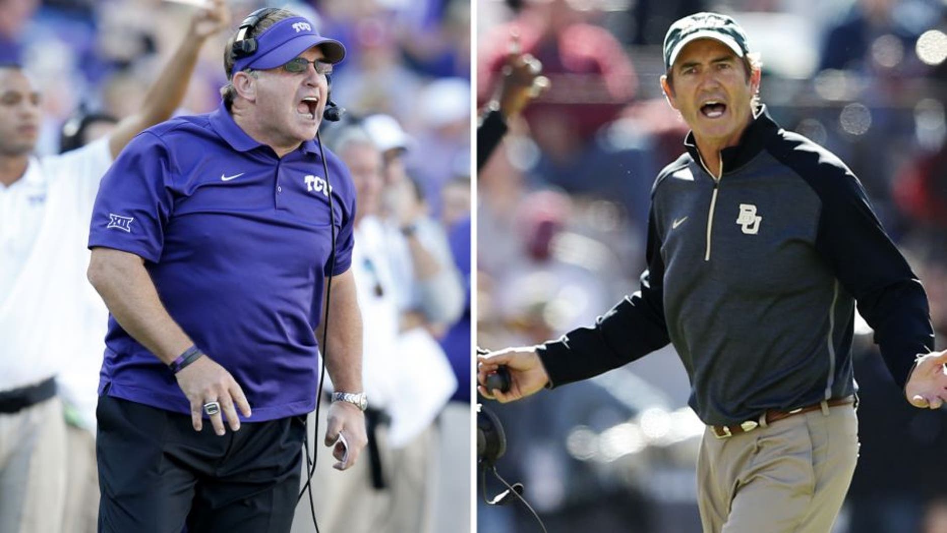 Oct 4, 2014; Fort Worth, TX, USA; TCU Horned Frogs head coach Gary Patterson on the sidelines against the Oklahoma Sooners at Amon G. Carter Stadium. Mandatory Credit: Matthew Emmons-USA TODAY Sports Nov 8, 2014; Norman, OK, USA; Baylor Bears head coach Art Briles during the game against the Oklahoma Sooners at Gaylord Family - Oklahoma Memorial Stadium. Mandatory Credit: Kevin Jairaj-USA TODAY Sports