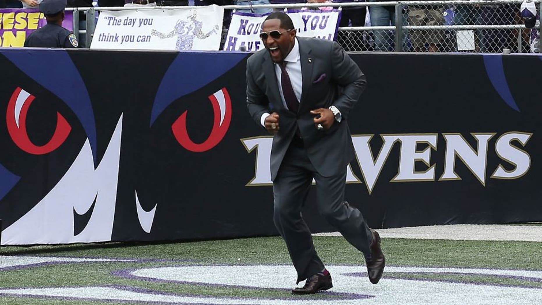 BALTIMORE, MD - SEPTEMBER 22: Former Baltimore Ravens player Ray Lewis takes the field before the start of the Ravens and Houston Texans game at M&T Bank Stadium on September 22, 2013 in Baltimore, Maryland. (Photo by Rob Carr/Getty Images)