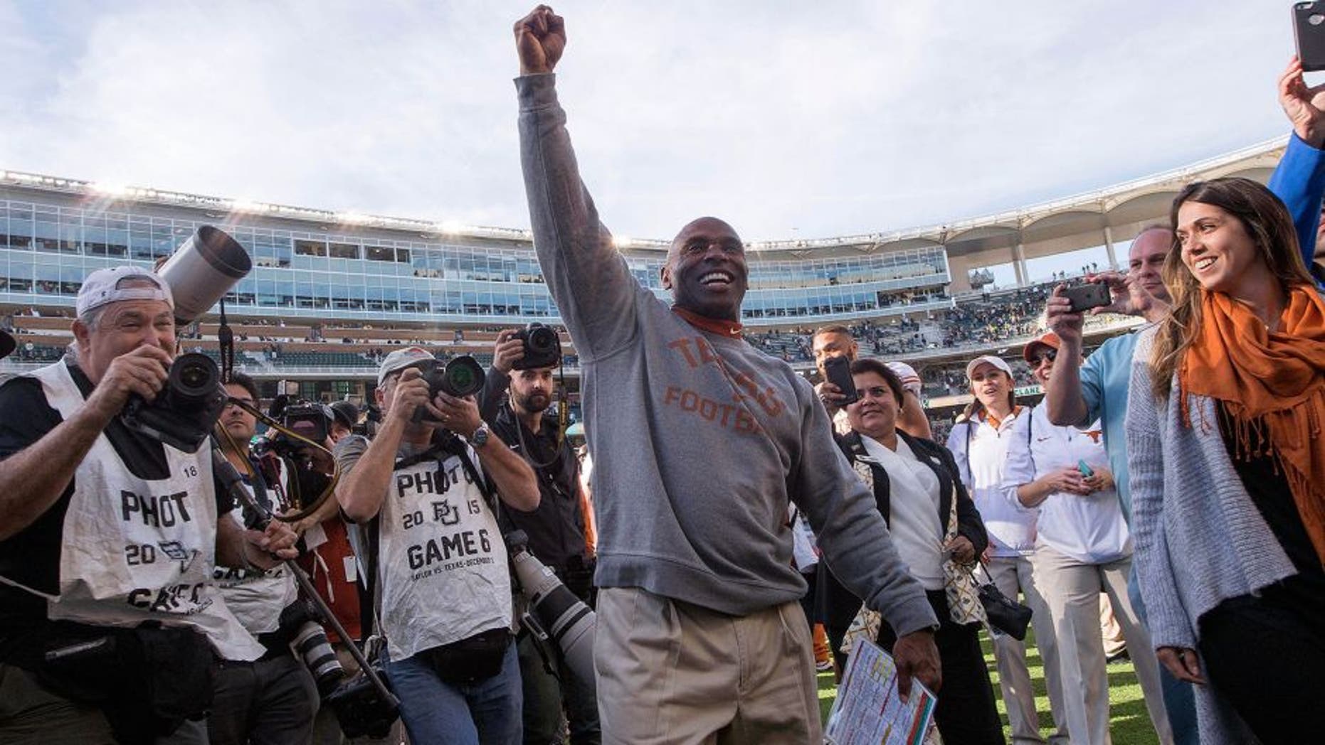Dec 5, 2015; Waco, TX, USA; Texas Longhorns head coach Charlie Strong celebrates the win over the Baylor Bears at McLane Stadium. The Longhorns defeat the Bears 23-17. Mandatory Credit: Jerome Miron-USA TODAY Sports
