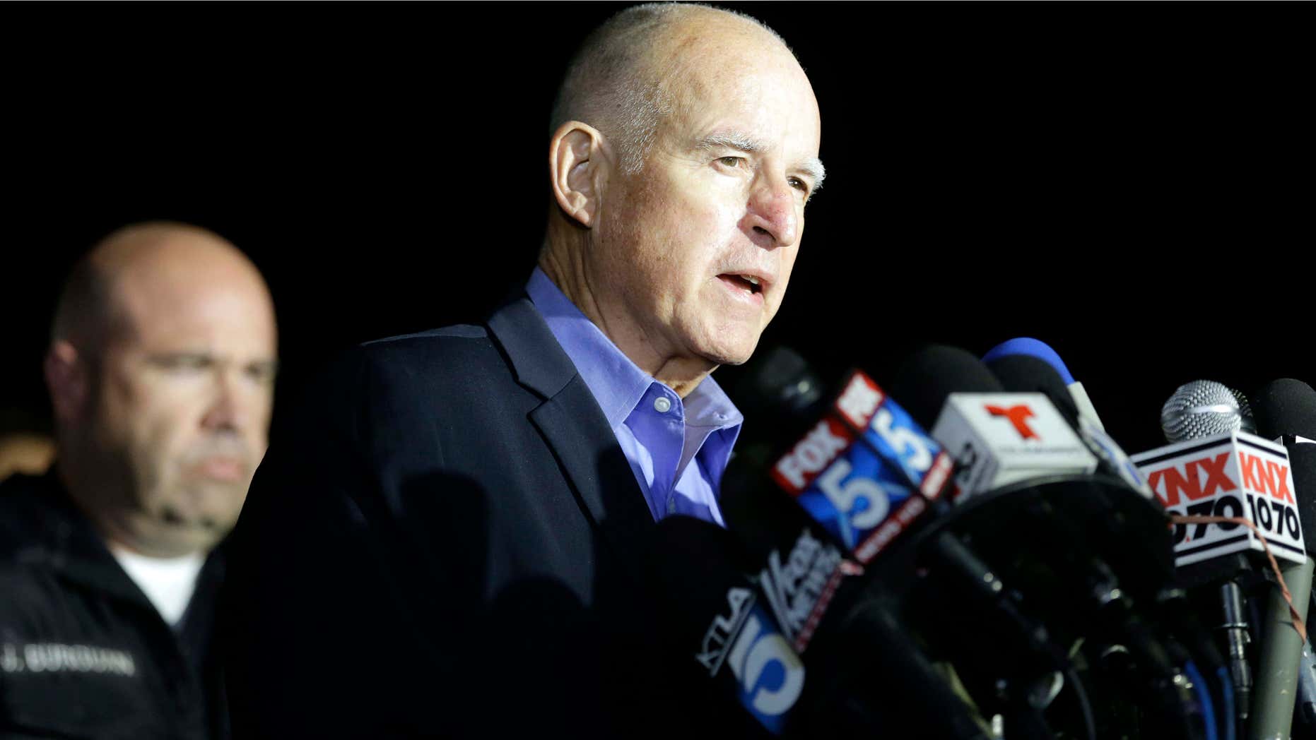 Dec. 3, 2015: California Gov. Jerry Brown reacts as he speaks during a press conference near the site of yesterday's mass shooting in San Bernardino, Calif.