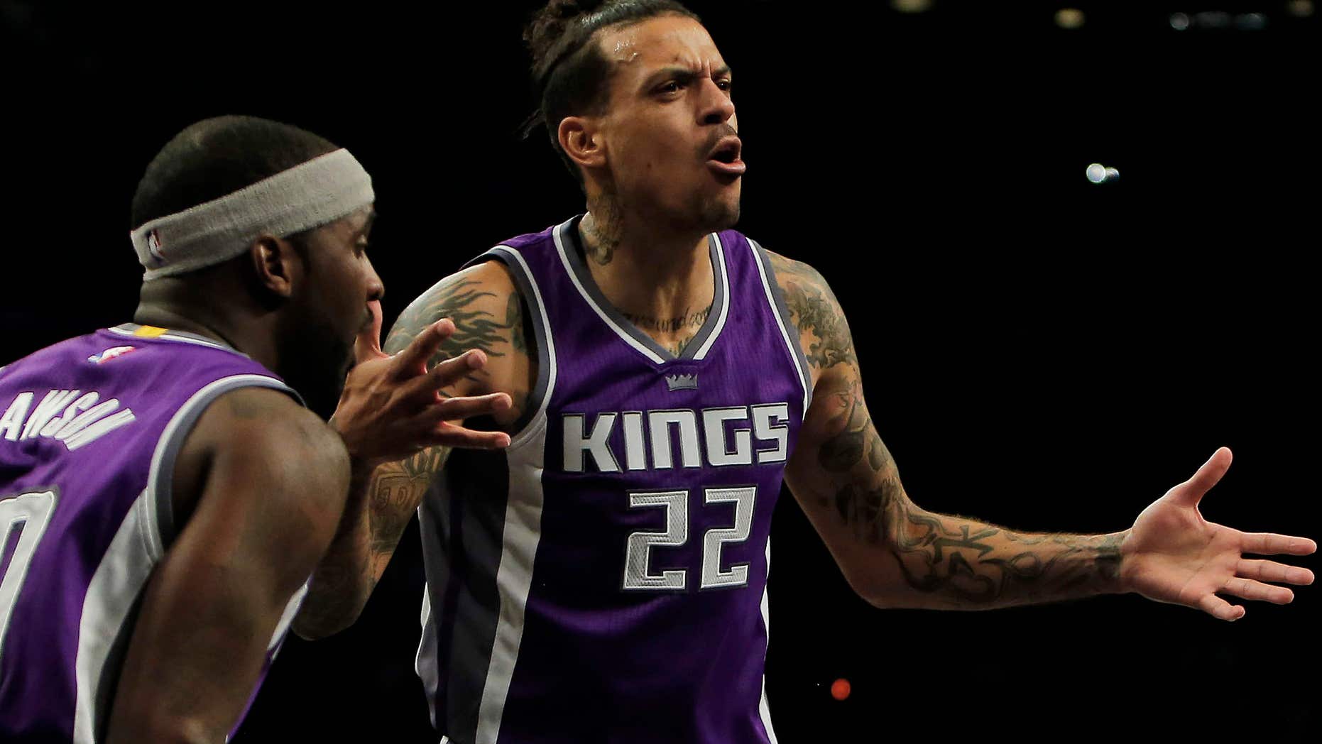 Nov. 27, 2016: Sacramento Kings' Matt Barnes (22) reacts during an NBA basketball game against the Brooklyn Nets in New York.