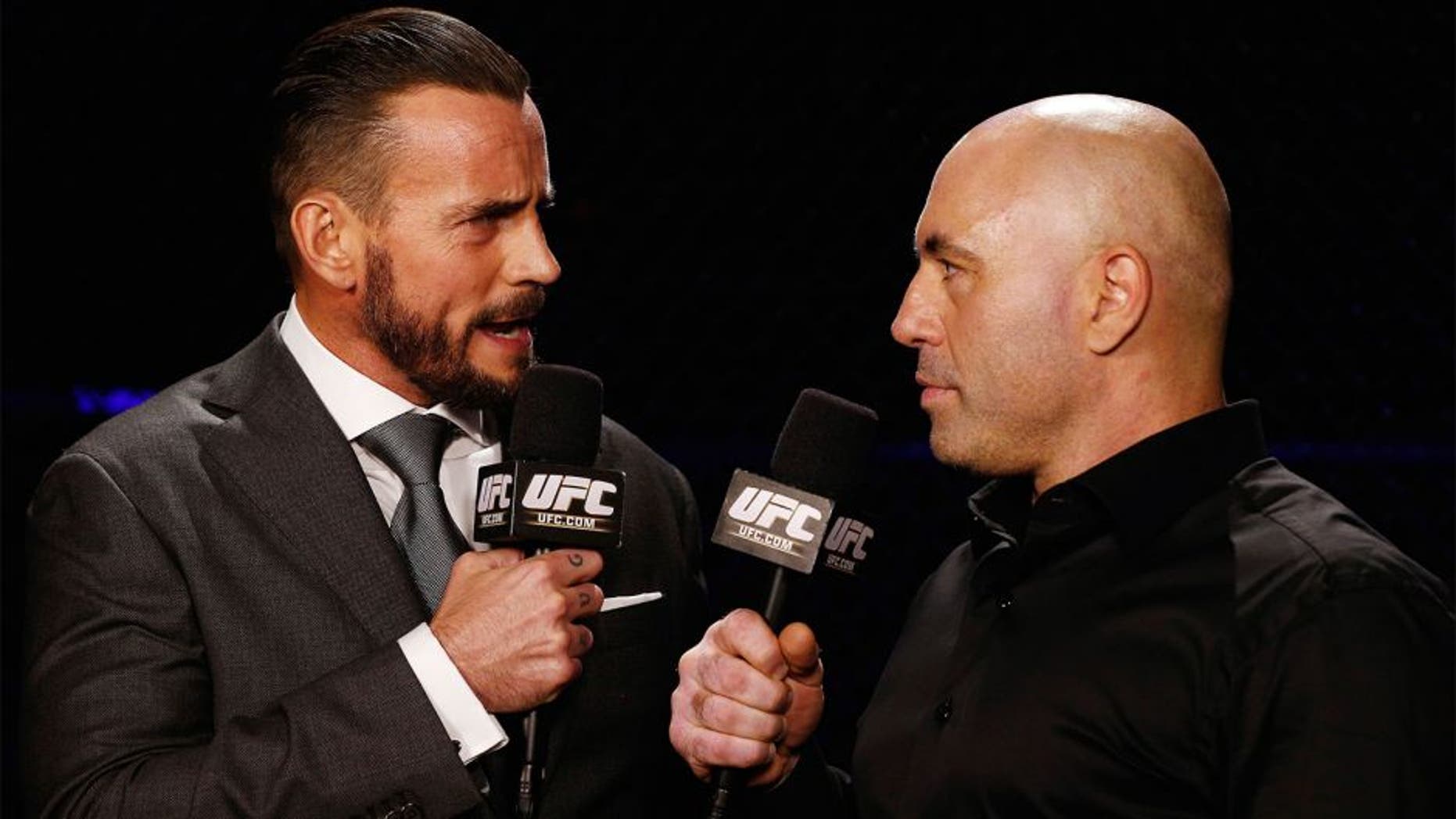 LAS VEGAS, NV - DECEMBER 06: (L-R) Phil "CM Punk" Brooks speaks with Joe Rogan during the UFC 181 event inside the Mandalay Bay Events Center on December 6, 2014 in Las Vegas, Nevada. (Photo by Josh Hedges/Zuffa LLC/Zuffa LLC via Getty Images)