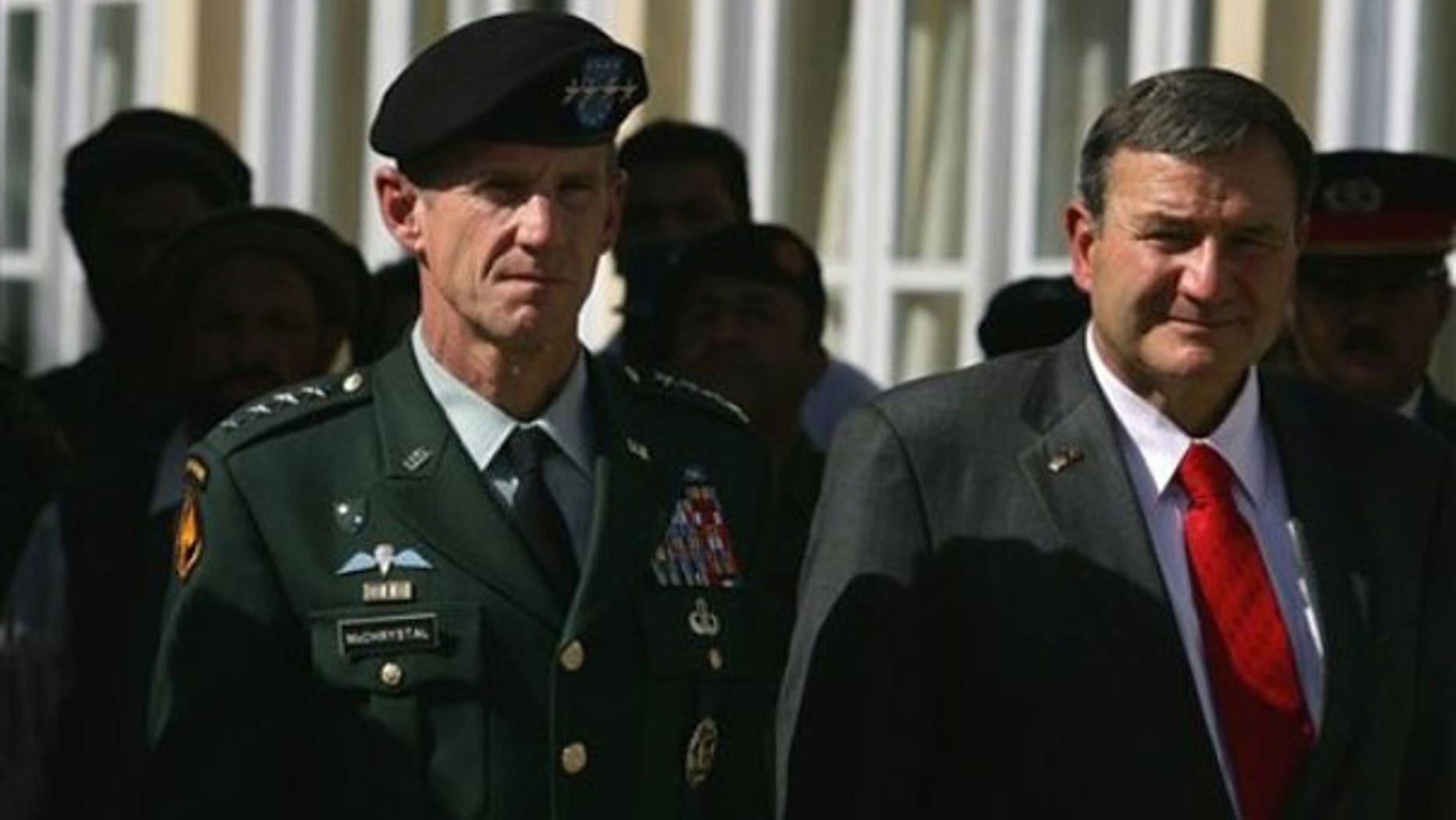 Oct. 14: NATO International Security Assistance Force, ISAF, Commander Stanley McChrystal, left, and U.S. Ambassador Karl Eikenberry look on during a memorial service to honor members of the Afghan National Security Forces who lost their lives in service to Afghanistan in Kabul, Afghanistan (AP).