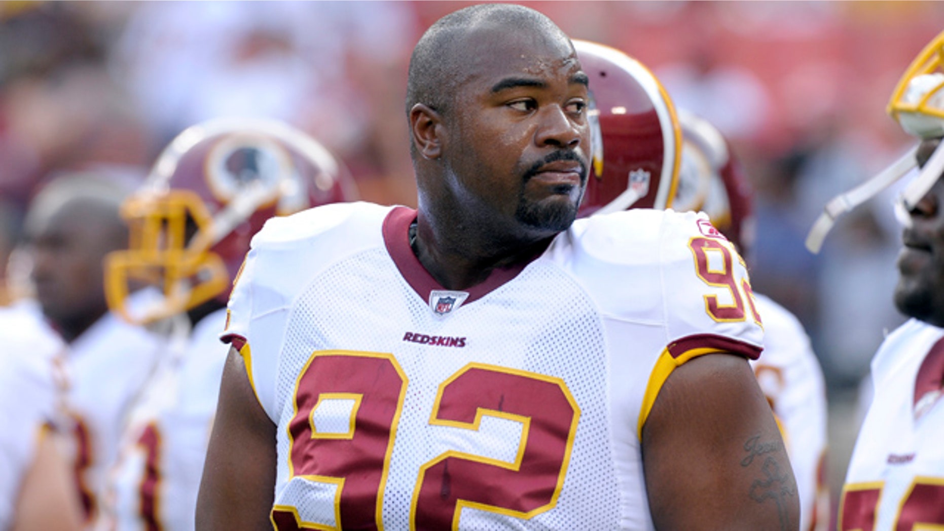 Aug. 21: Washington Redskins defensive lineman Albert Haynesworth is shown before an NFL preseason football game against the Baltimore Ravens in Landover, Md.