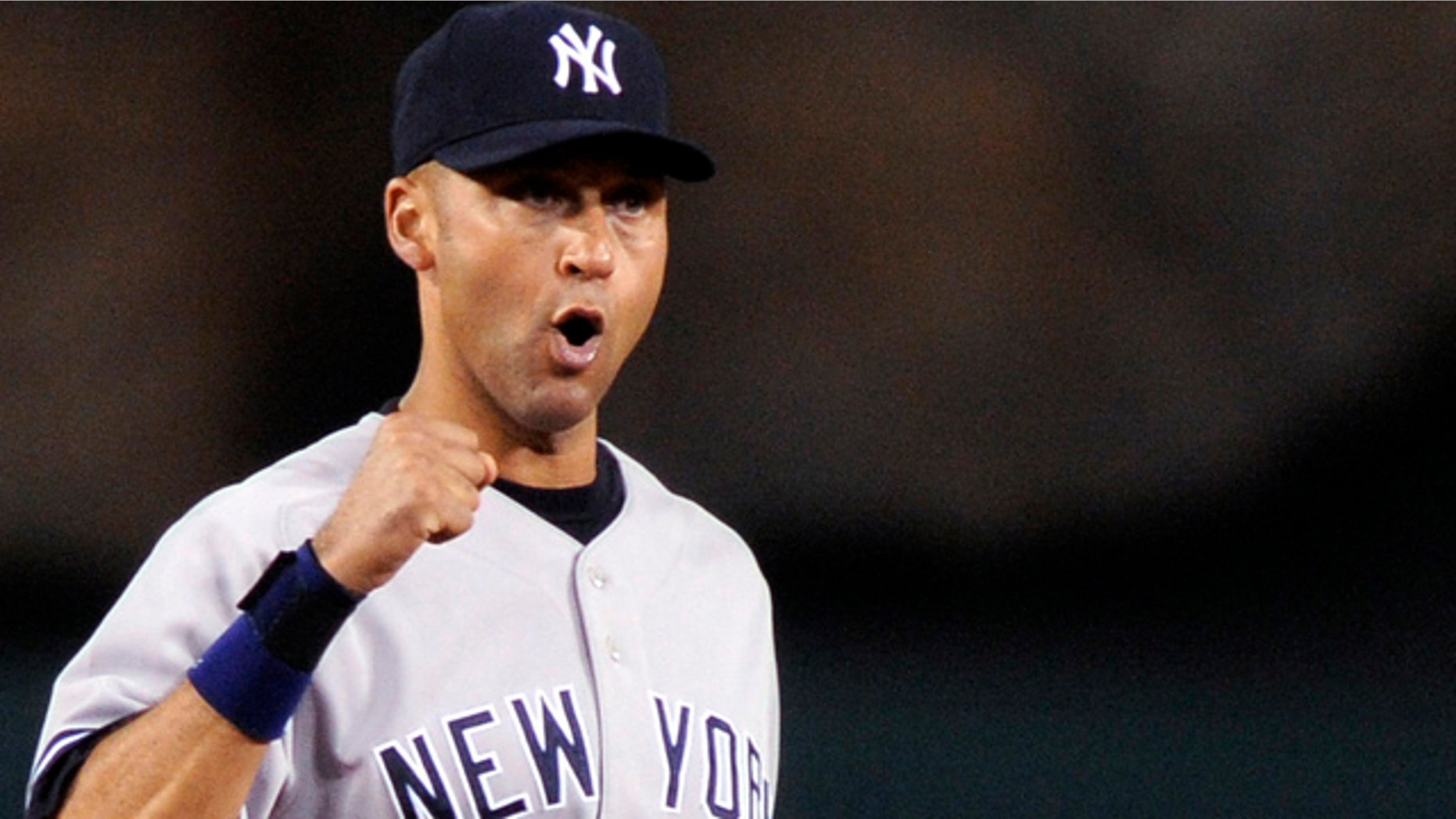 In this Oct. 20, 2009, file photo, New York Yankees' Derek Jeter reacts after the ninth inning of Game 4 of the American League Championship baseball series against the Los Angeles Angels in Anaheim, Calif.