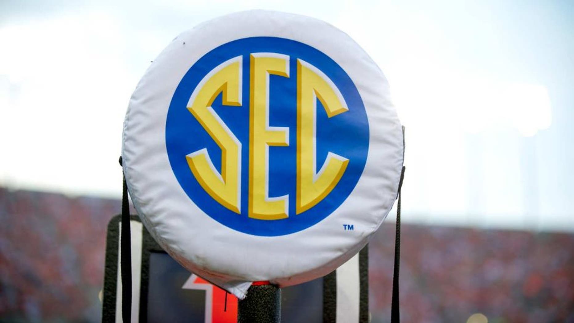 AUBURN, AL - AUGUST 31: A SEC logo on a field marker during Auburn's game against the Washington State Cougars on August 31, 2013 at Jordan-Hare Stadium in Auburn, Alabama. At halftime Auburn leads Washington State 25-21. (Photo by Michael Chang/Getty Images)