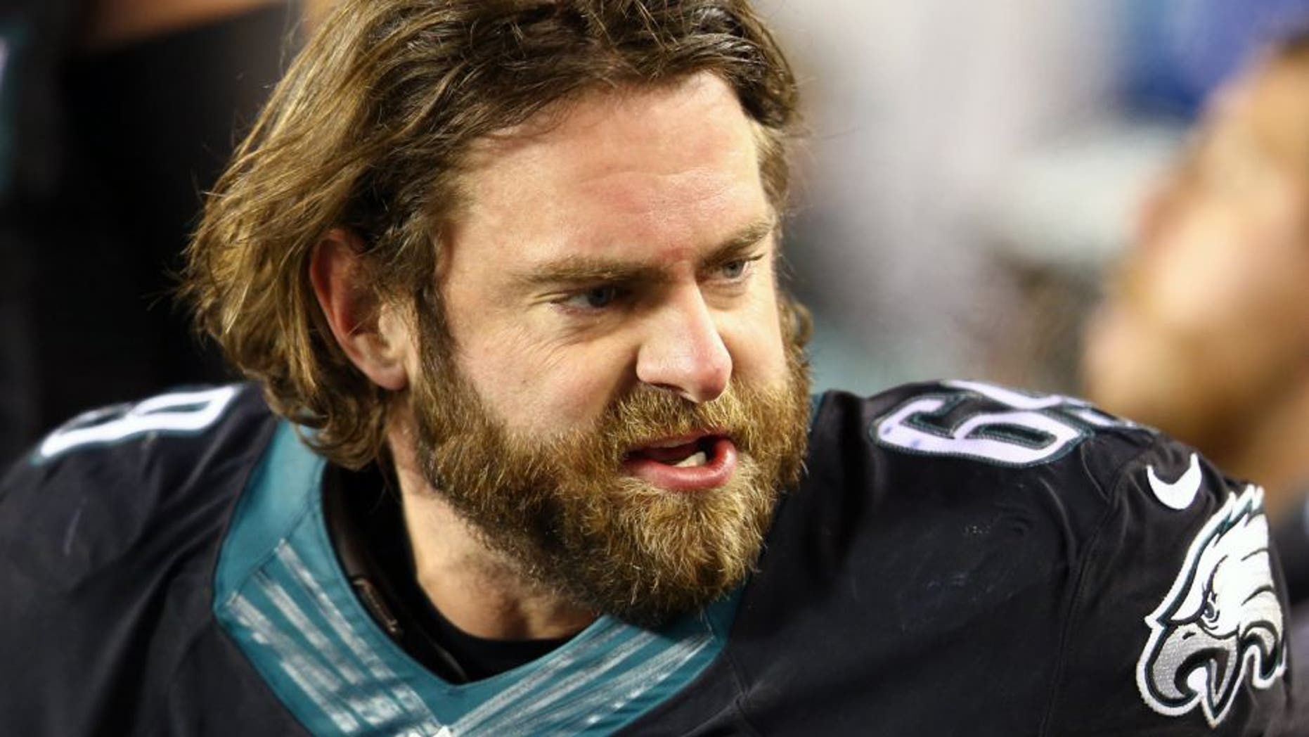 Dec 7, 2014; Philadelphia, PA, USA; Philadelphia Eagles guard Evan Mathis (69) on the sidelines against the Seattle Seahawks during the second half at Lincoln Financial Field. Mandatory Credit: Jeffrey G. Pittenger-USA TODAY Sports