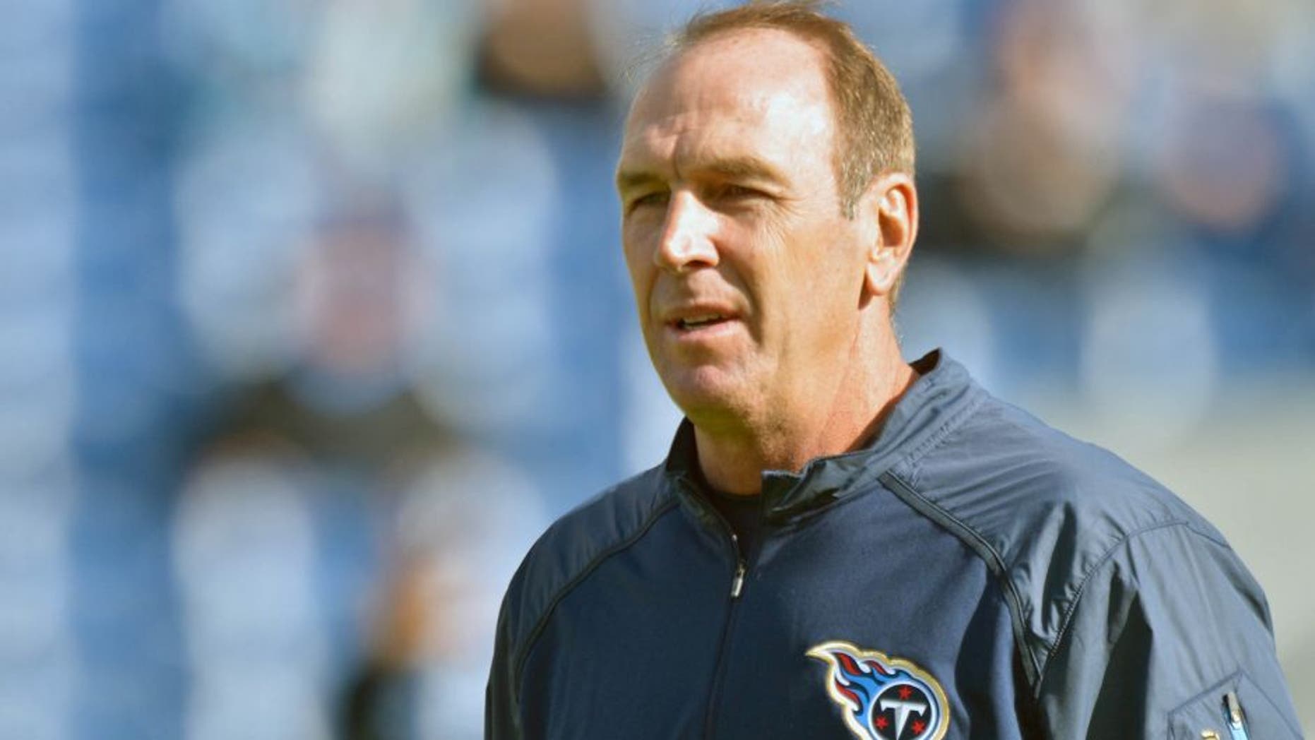 Dec 2, 2015; Nashville, TN, USA; Tennessee Titans interim head coach Mike Mularkey during warm ups prior to the game against the Jacksonville Jaguars at Memorial Gym. Mandatory Credit: Jim Brown-USA TODAY Sports