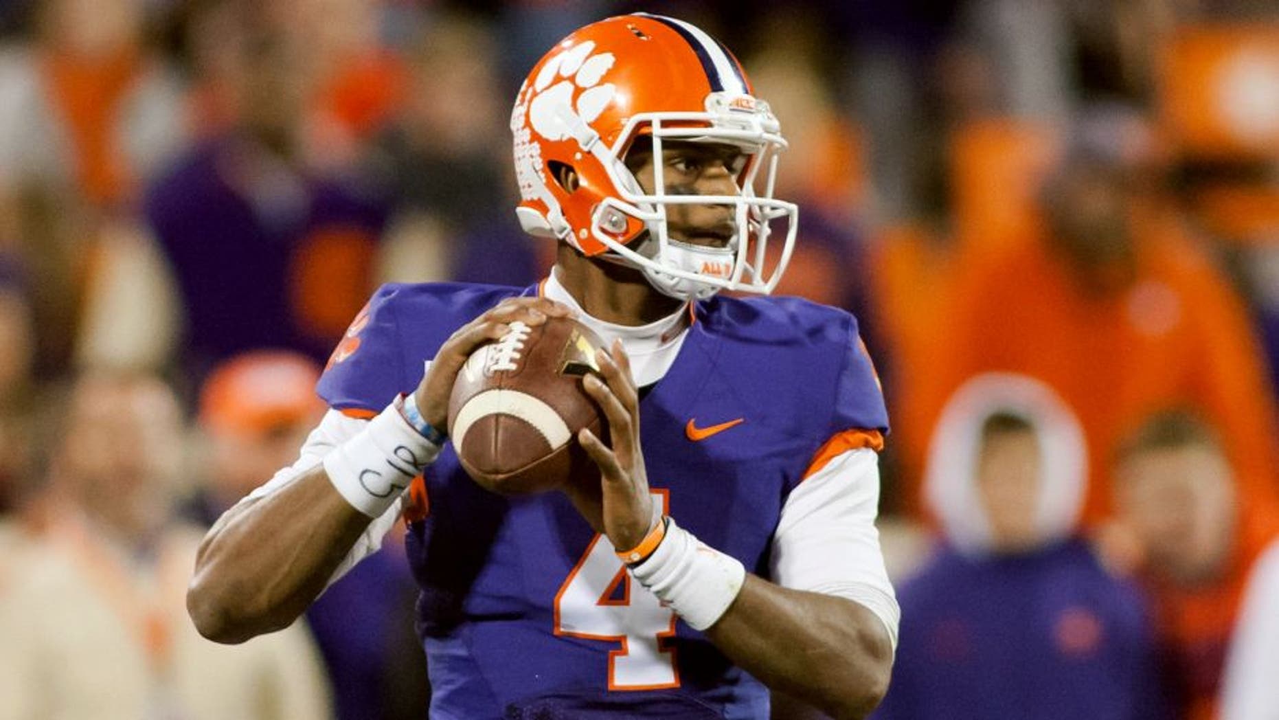 Nov 21, 2015; Clemson, SC, USA; Clemson Tigers quarterback Deshaun Watson (4) looks to pass the ball during the third quarter against the Wake Forest Demon Deacons at Clemson Memorial Stadium. Clemson defeated Wake Forest 33-13. Mandatory Credit: Jeremy Brevard-USA TODAY Sports