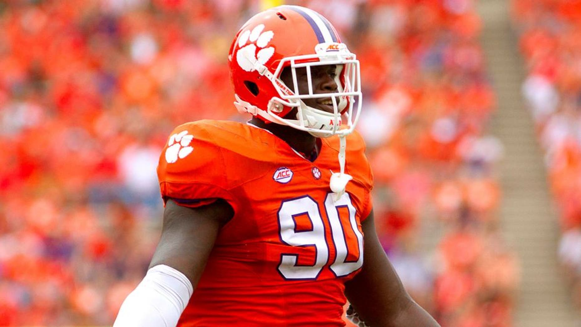 Sep 12, 2015; Clemson, SC, USA; Clemson Tigers defensive end Shaq Lawson (90) reacts during the second half against the Appalachian State Mountaineers at Clemson Memorial Stadium. Mandatory Credit: Joshua S. Kelly-USA TODAY Sports