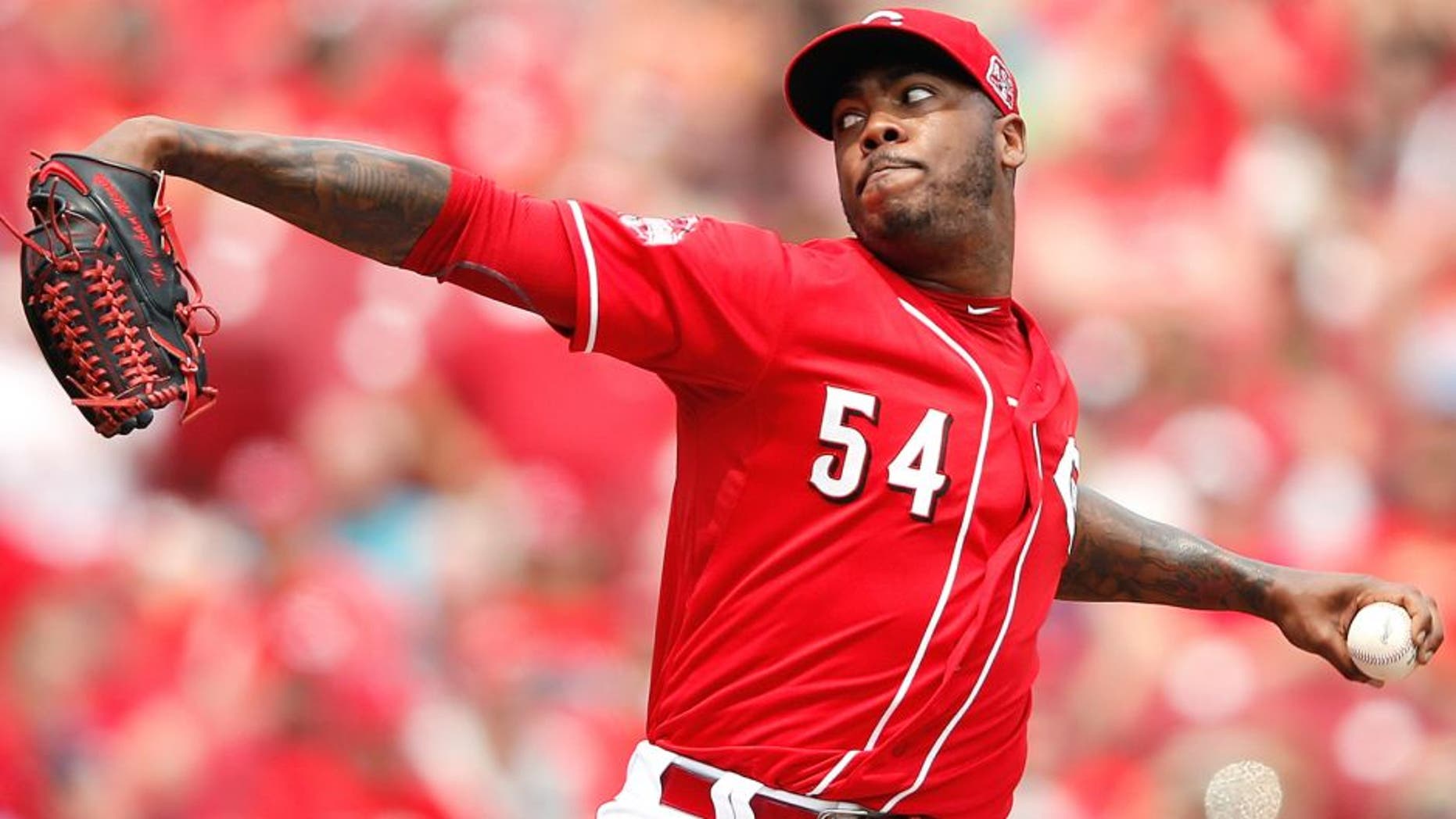 CINCINNATI, OH - JULY 1: Aroldis Chapman #54 of the Cincinnati Reds pitches in the ninth inning against the Minnesota Twins at Great American Ball Park on July 1, 2015 in Cincinnati, Ohio. The Reds defeated the Twins 2-1. (Photo by Joe Robbins/Getty Images)