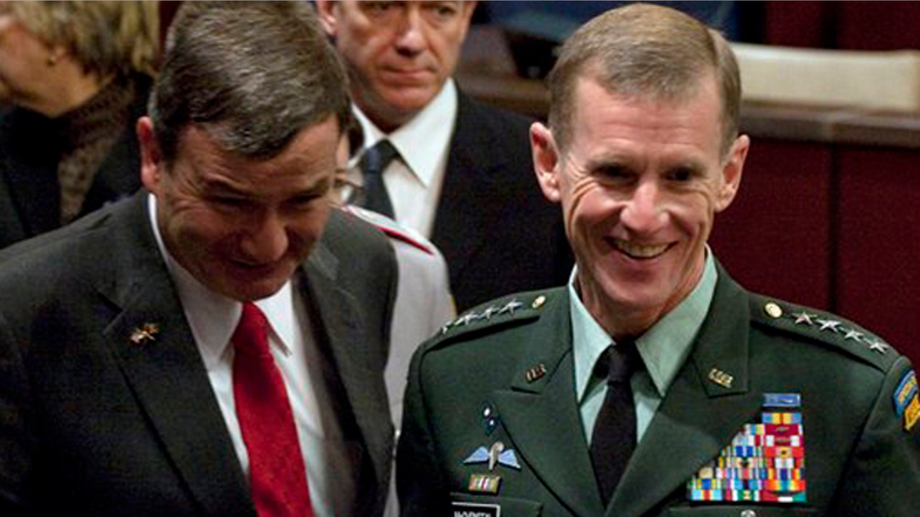 Ambassador to Afghanistan Karl Eikenberry, left, and Army Gen. Stanley McChrystal before giving testimony assessing the results in Afghanistan to the House Armed Services Committee, Tuesday, Dec. 8, 2009.