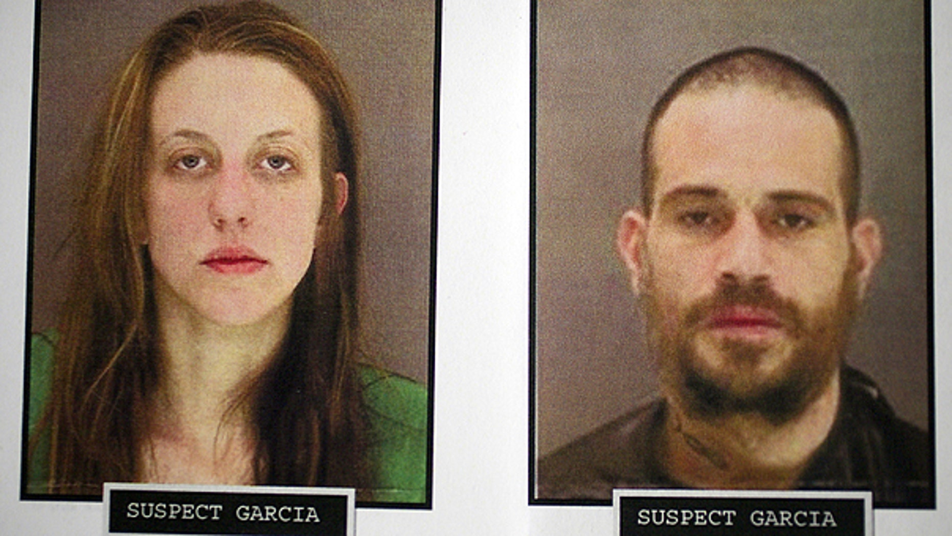 This undated photo provided by the Los Angeles Police Department shows homicide suspects, Melissa Hope Garcia, left, and Edward Garcia. Jr., who are suspected of killing Herbert Tracy White.