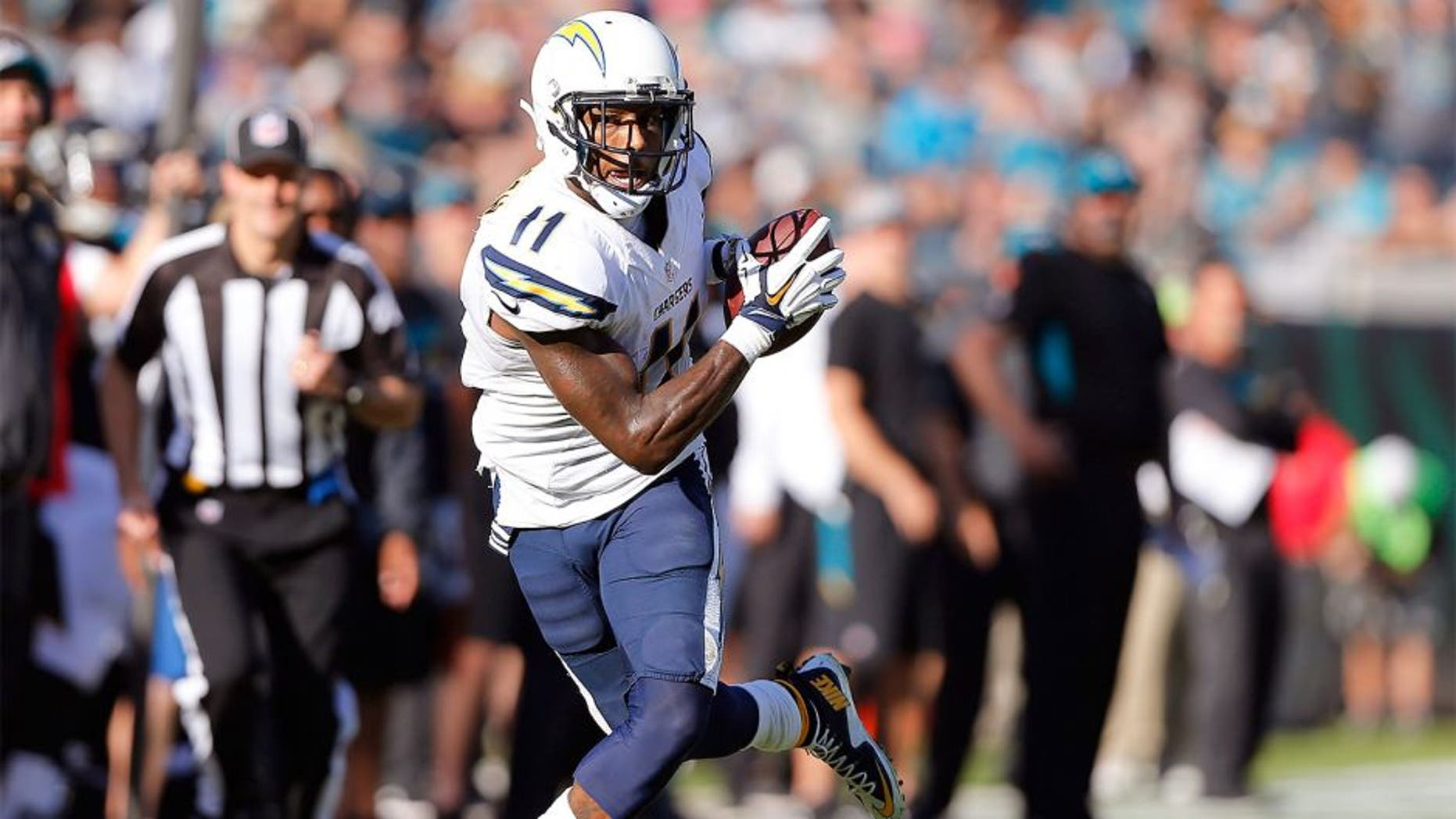 Nov 29, 2015; Jacksonville, FL, USA; San Diego Chargers wide receiver Stevie Johnson (11) catches a pass against the Jacksonville Jaguars in the third quarter at EverBank Field. The Chargers won 31-25. Mandatory Credit: Jim Steve-USA TODAY Sports