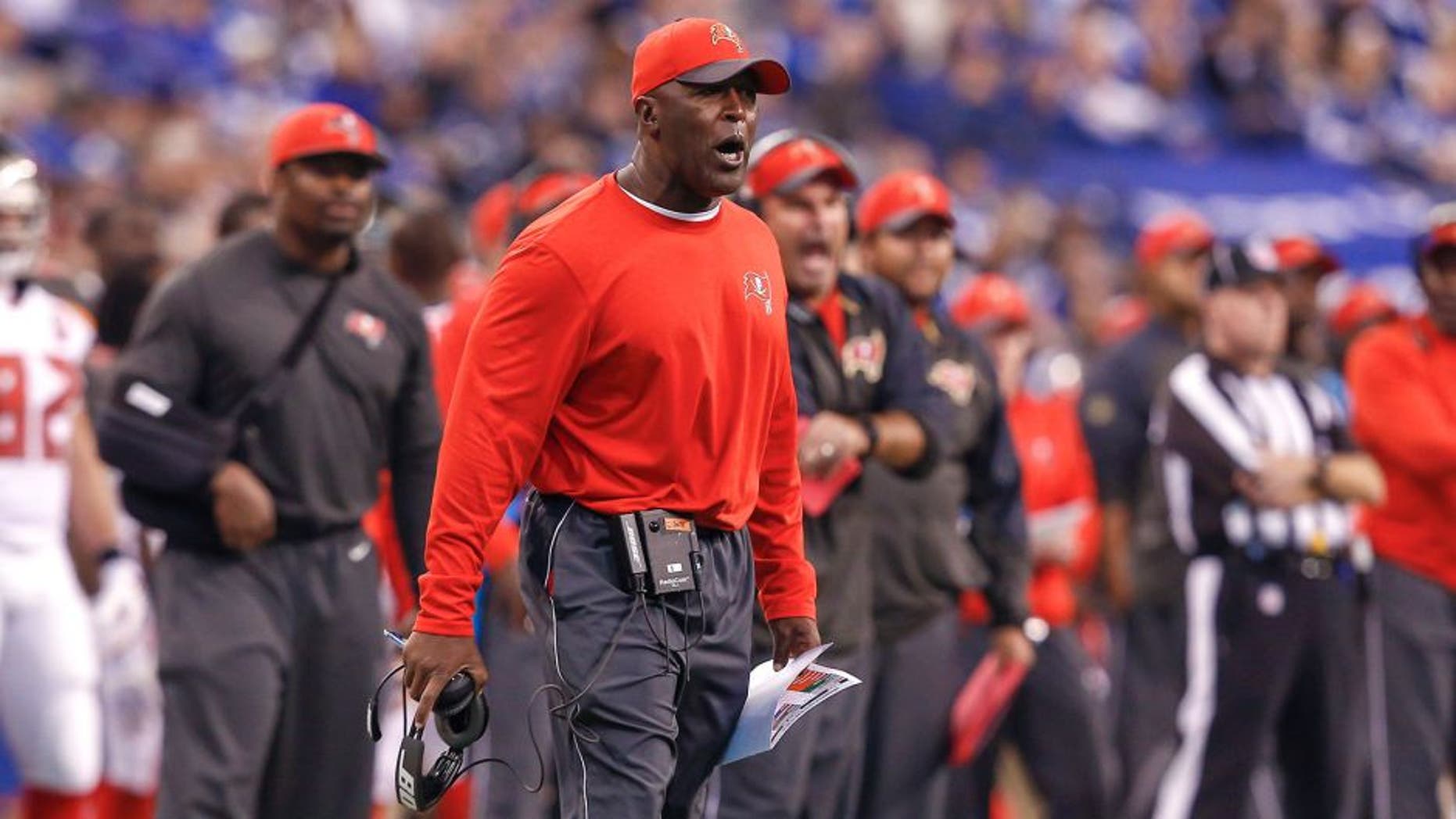 INDIANAPOLIS, IN - NOVEMBER 29 : Head coach Lovie Smith of the Tampa Bay Buccaneers is seen during the game against the Indianapolis Colts at Lucas Oil Stadium on November 29, 2015 in Indianapolis, Indiana. Indianapolis defeated Tampa Bay 25-12. (Photo by Michael Hickey/Getty Images)