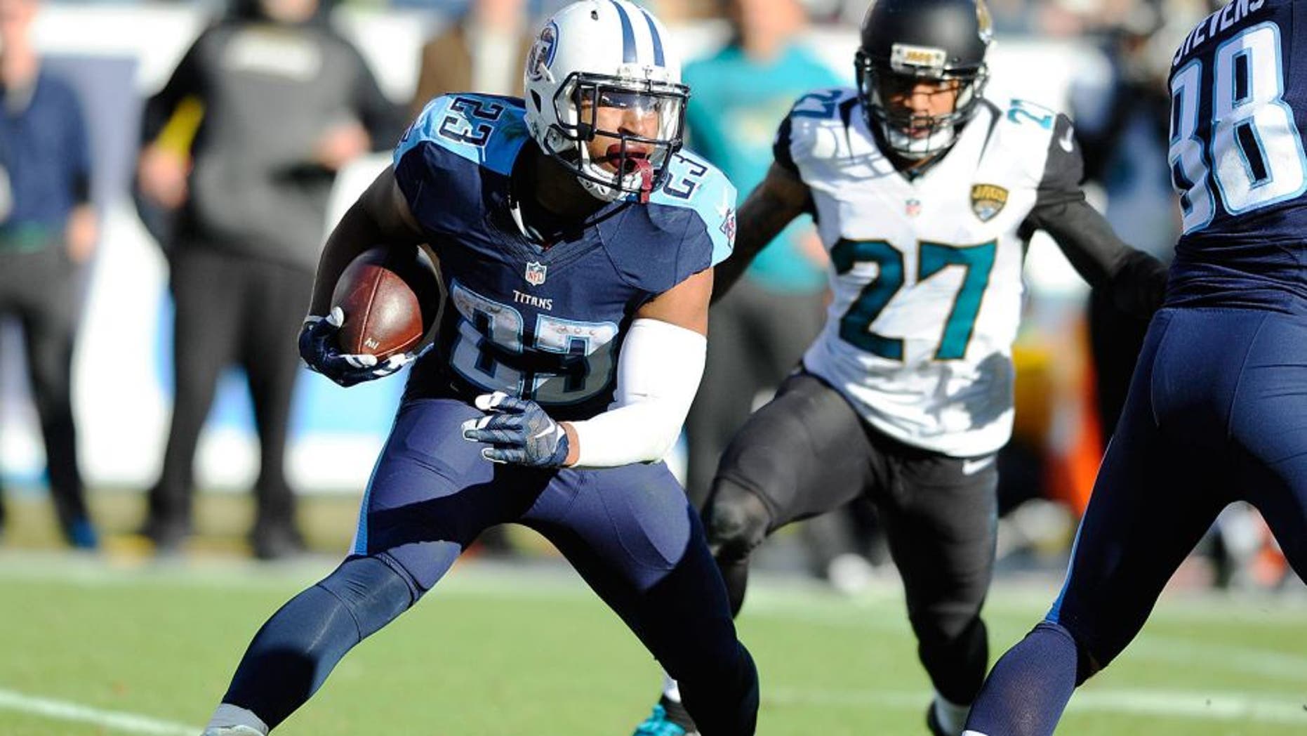 Dec 6, 2015; Nashville, TN, USA; Tennessee Titans running back David Cobb (23) is stopped behind the line during the second half against the Jacksonville Jaguars at Nissan Stadium. Mandatory Credit: Christopher Hanewinckel-USA TODAY Sports