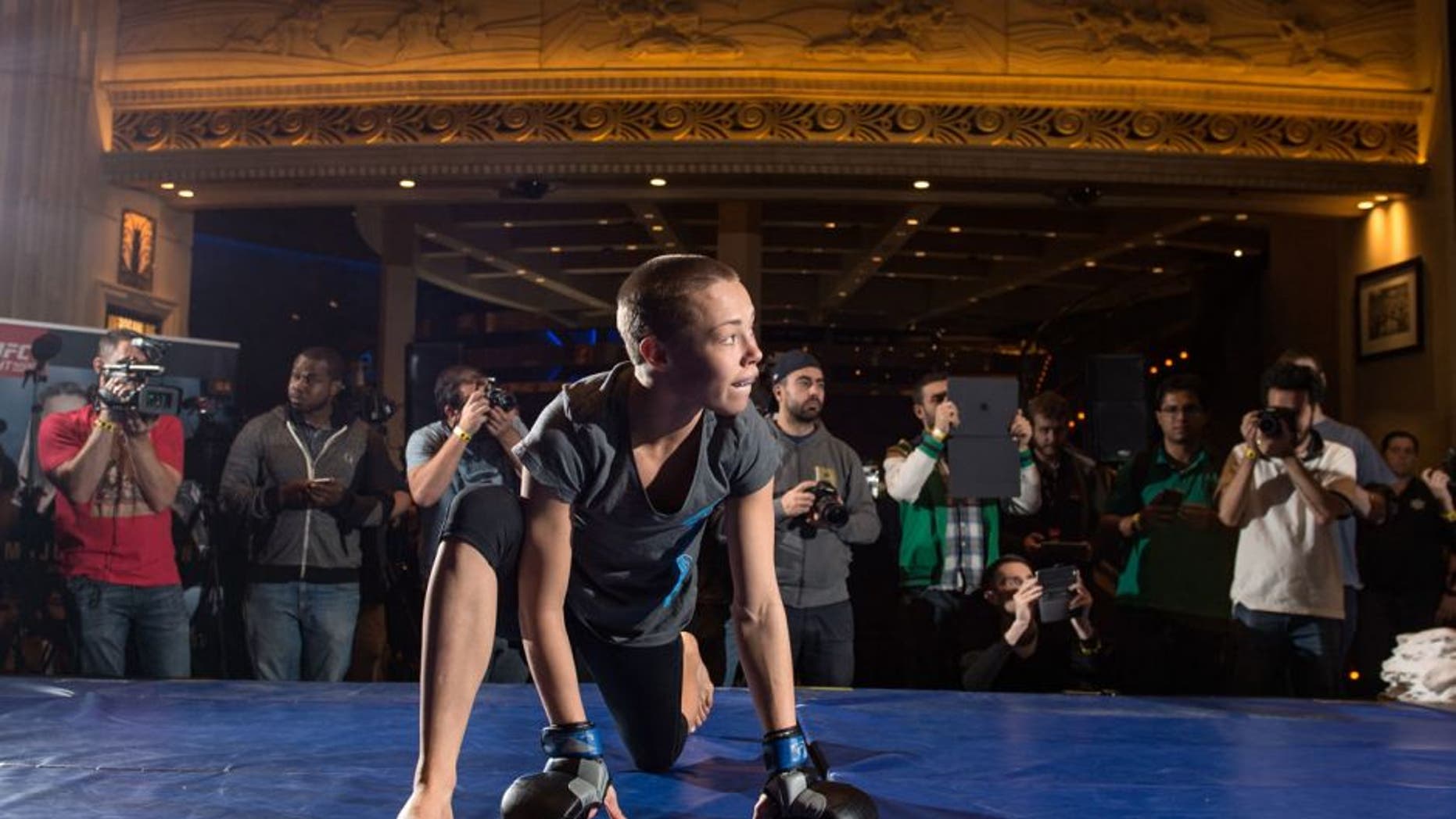 LAS VEGAS, NEVADA - DECEMBER 08: Rose Namajunas holds an open training session for fans and media at the MGM Grand Hotel/Casino on December 8, 2015 in Las Vegas Nevada. (Photo by Brandon Magnus/Zuffa LLC/Zuffa LLC via Getty Images)