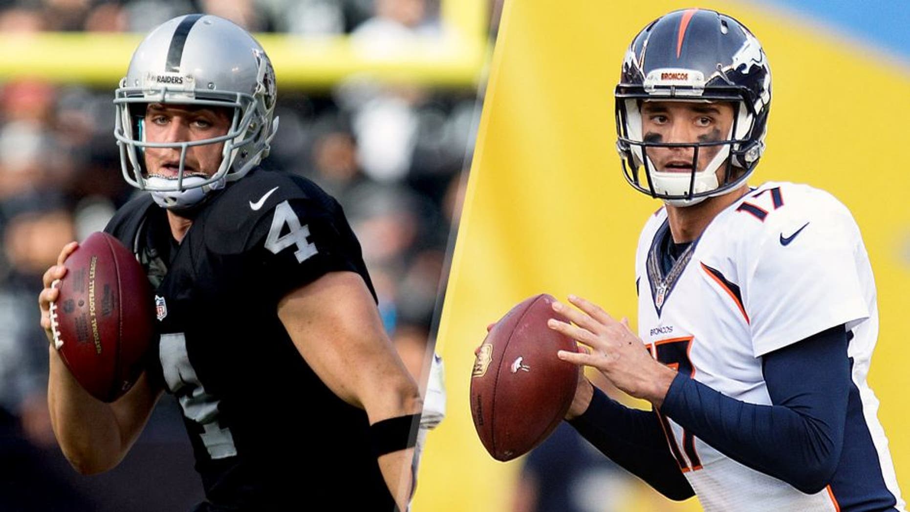 Dec 6, 2015; Oakland, CA, USA; Oakland Raiders quarterback Derek Carr (4) elects to run against the Kansas City Chiefs during the second quarter at O.co Coliseum. Mandatory Credit: Kelley L Cox-USA TODAY Sports Dec 6, 2015; San Diego, CA, USA; Denver Broncos quarterback Brock Osweiler (17) looks to pass during the fourth quarter against the San Diego Chargers at Qualcomm Stadium. Mandatory Credit: Jake Roth-USA TODAY Sports