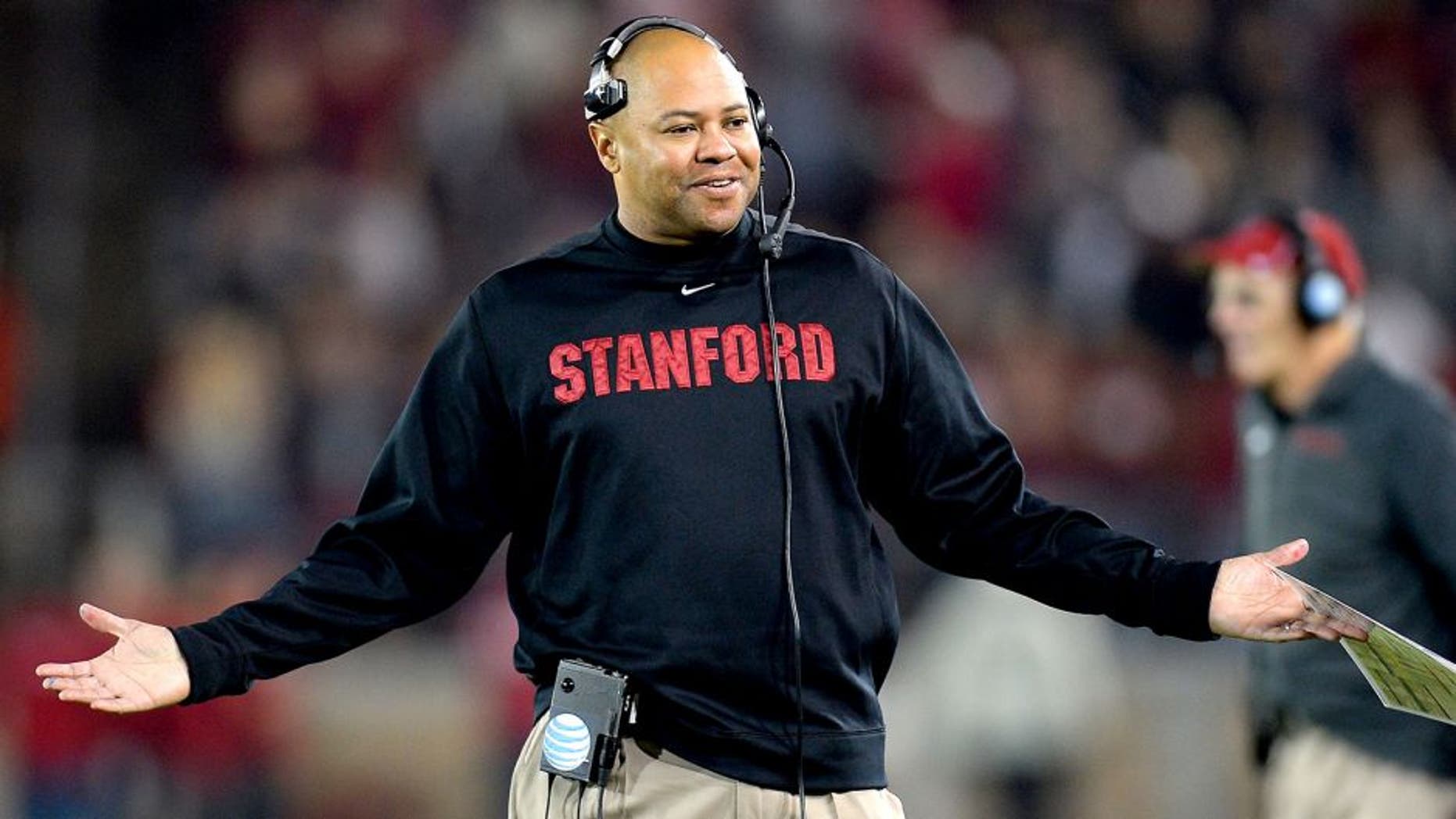 PALO ALTO, CA - NOVEMBER 30: Head Coach David Shaw of the Stanford Cardinals reacts to an officials personal foul call against his team for the Notre Dame Fighting Irish during the third quarter at Stanford Stadium on November 30, 2013 in Palo Alto, California. The call was reversed and no penalty was assessed to Stanford. (Photo by Thearon W. Henderson/Getty Images) *** Local Caption *** David Shaw