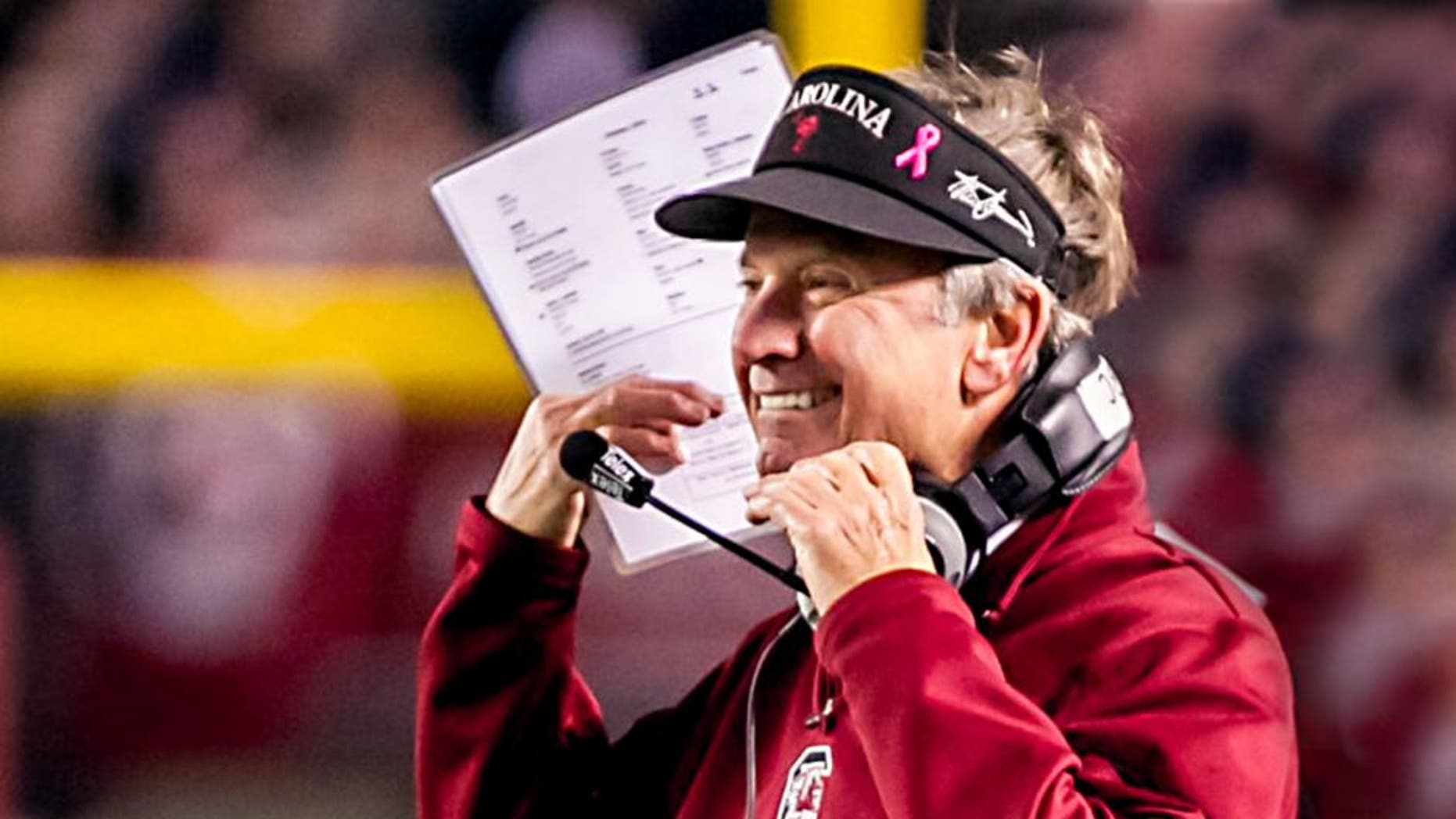 Nov 30, 2013; Columbia, SC, USA; South Carolina Gamecocks head coach Steve Spurrier disputes a call against the Clemson Tigers in the second quarter at Williams-Brice Stadium. Mandatory Credit: Jeff Blake-USA TODAY Sports