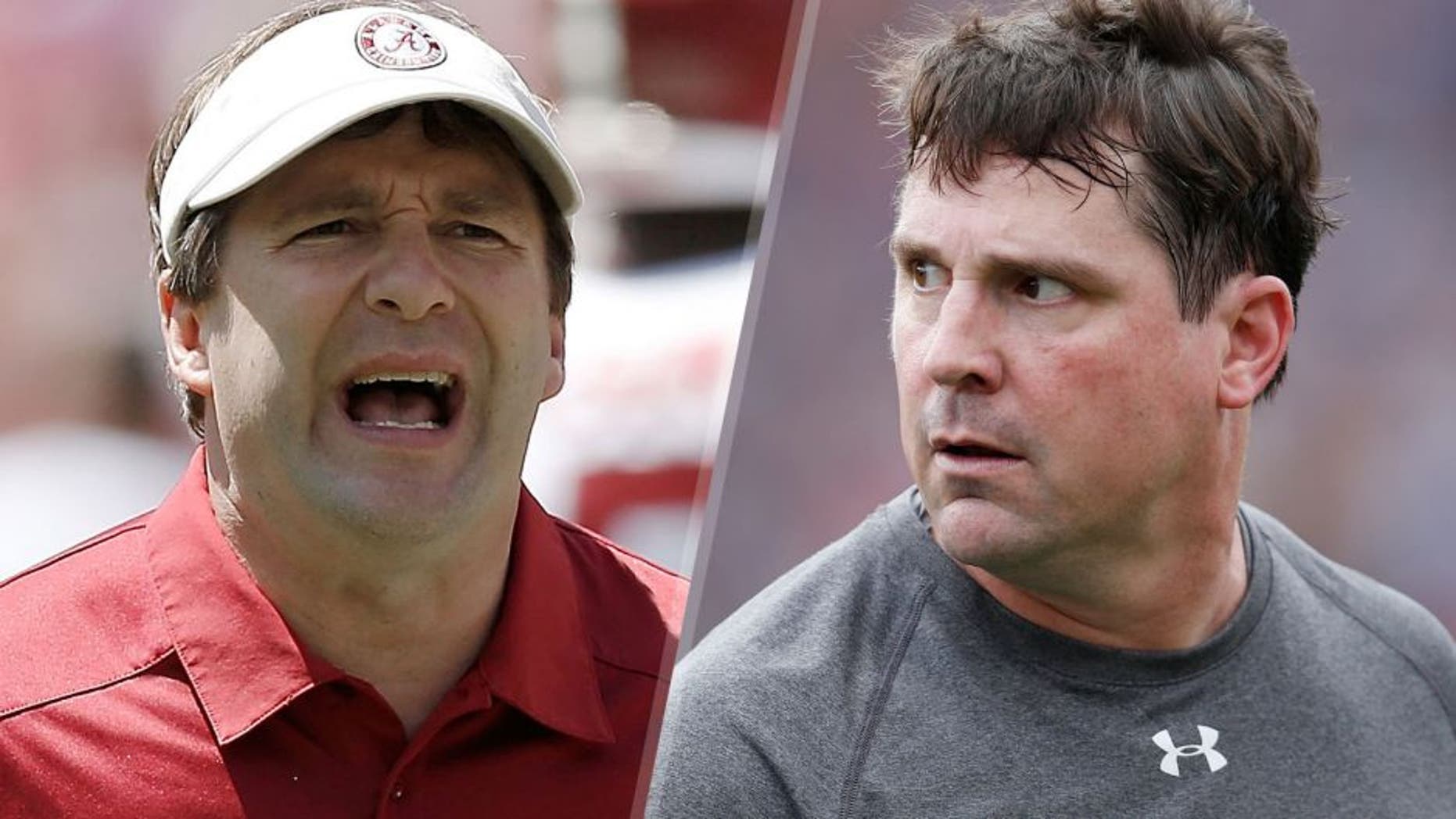 TUSCALOOSA, AL - APRIL 19: Defensive coordinator Kirby Smart of the Alabama Crimson Tide reacts to a play prior to the University of Alabama A-Day spring game at Bryant-Denny Stadium on April 19, 2014 in Tuscaloosa, Alabama. (Photo by Stacy Revere/Getty Images) AUBURN, AL - OCTOBER 31: Defensive coordinator Will Muschamp of the Auburn Tigers looks on from the sideline during a game against the Ole Miss Rebels at Jordan-Hare Stadium on October 31, 2015 in Auburn, Alabama. Ole Miss defeated Auburn 27-19. (Photo by Joe Robbins/Getty Images)
