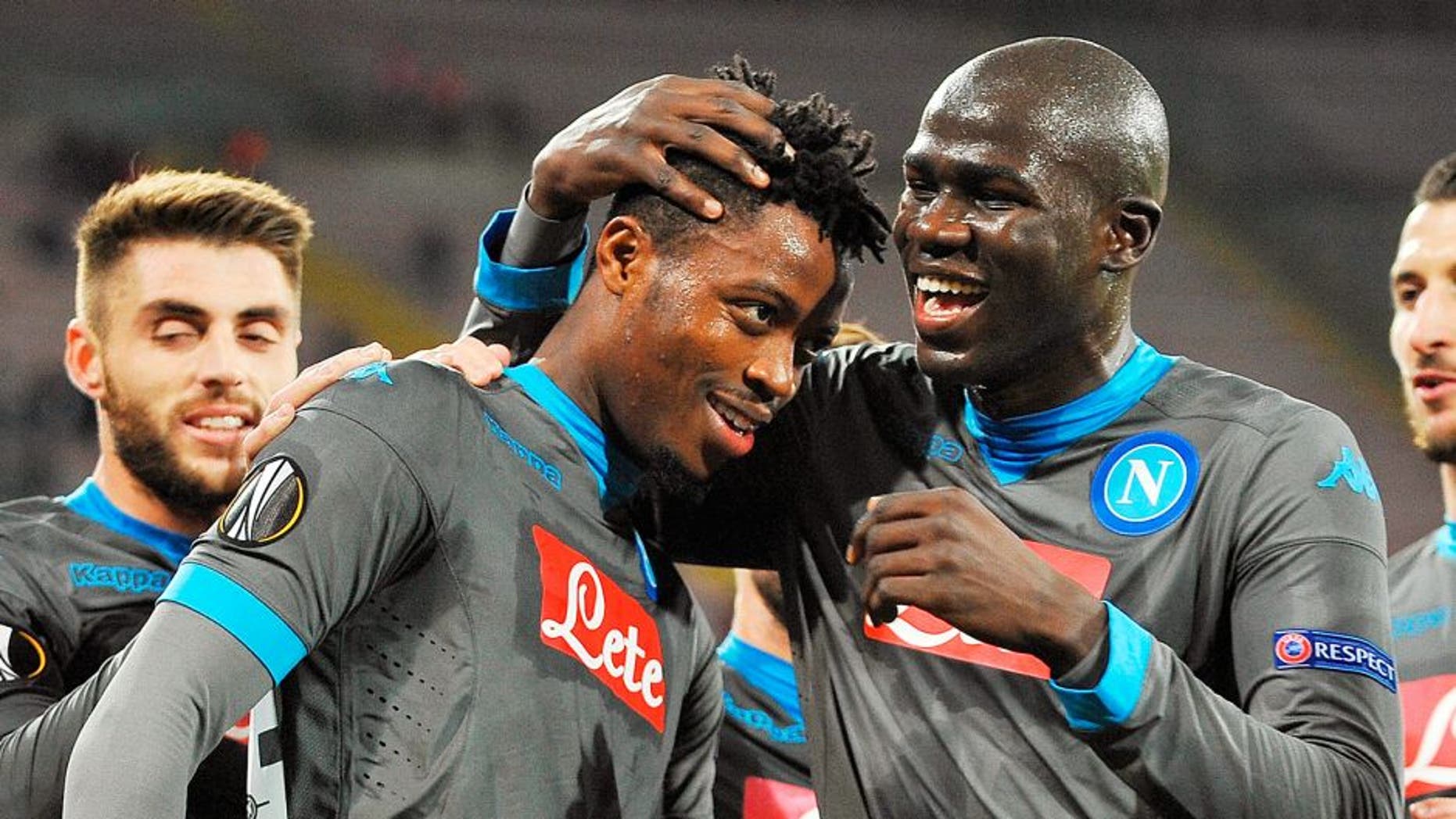 NAPLES, ITALY - DECEMBER 10: Kalidou Koulibaly and Nathaniel Chalobah of Napoli celebrate a goal 1-0 scored by Nathaniel Chalobah during the UEFA Europa League Group D match between SSC Napoli and Legia Warszawa on December 10, 2015 in Naples, Italy. (Photo by Francesco Pecoraro/Getty Images)