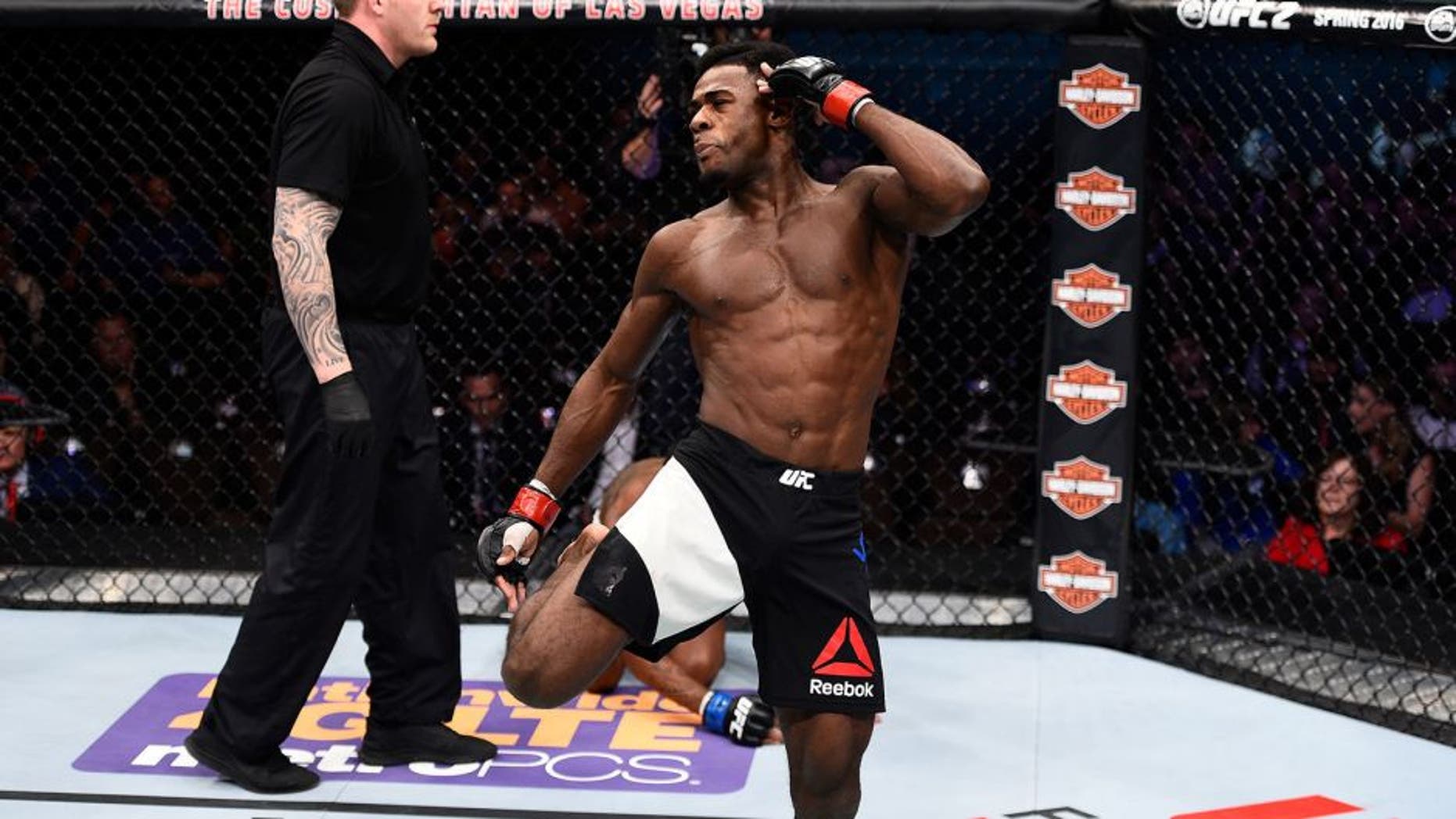 LAS VEGAS, NEVADA - DECEMBER 10: Aljamain Sterling celebrates his win over Johnny Eduardo in their bantamweight bout during the UFC Fight Night event at The Chelsea at the Cosmopolitan of Las Vegas on December 10, 2015 in Las Vegas, Nevada. (Photo by Jeff Bottari/Zuffa LLC/Zuffa LLC via Getty Images)