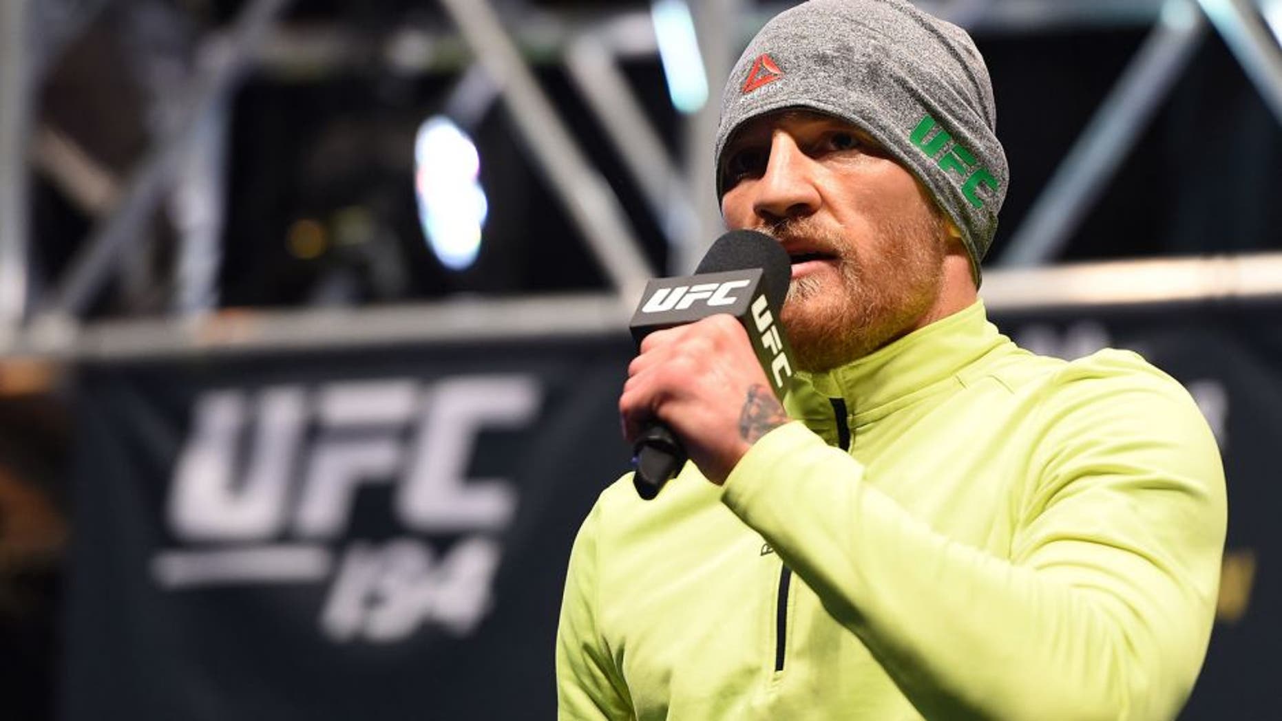 LAS VEGAS, NV - DECEMBER 10: Conor McGregor of Ireland answers questions from the media during the UFC 194 open workouts inside MGM Grand Garden Arena on December 10, 2015 in Las Vegas, Nevada. (Photo by Josh Hedges/Zuffa LLC/Zuffa LLC via Getty Images)
