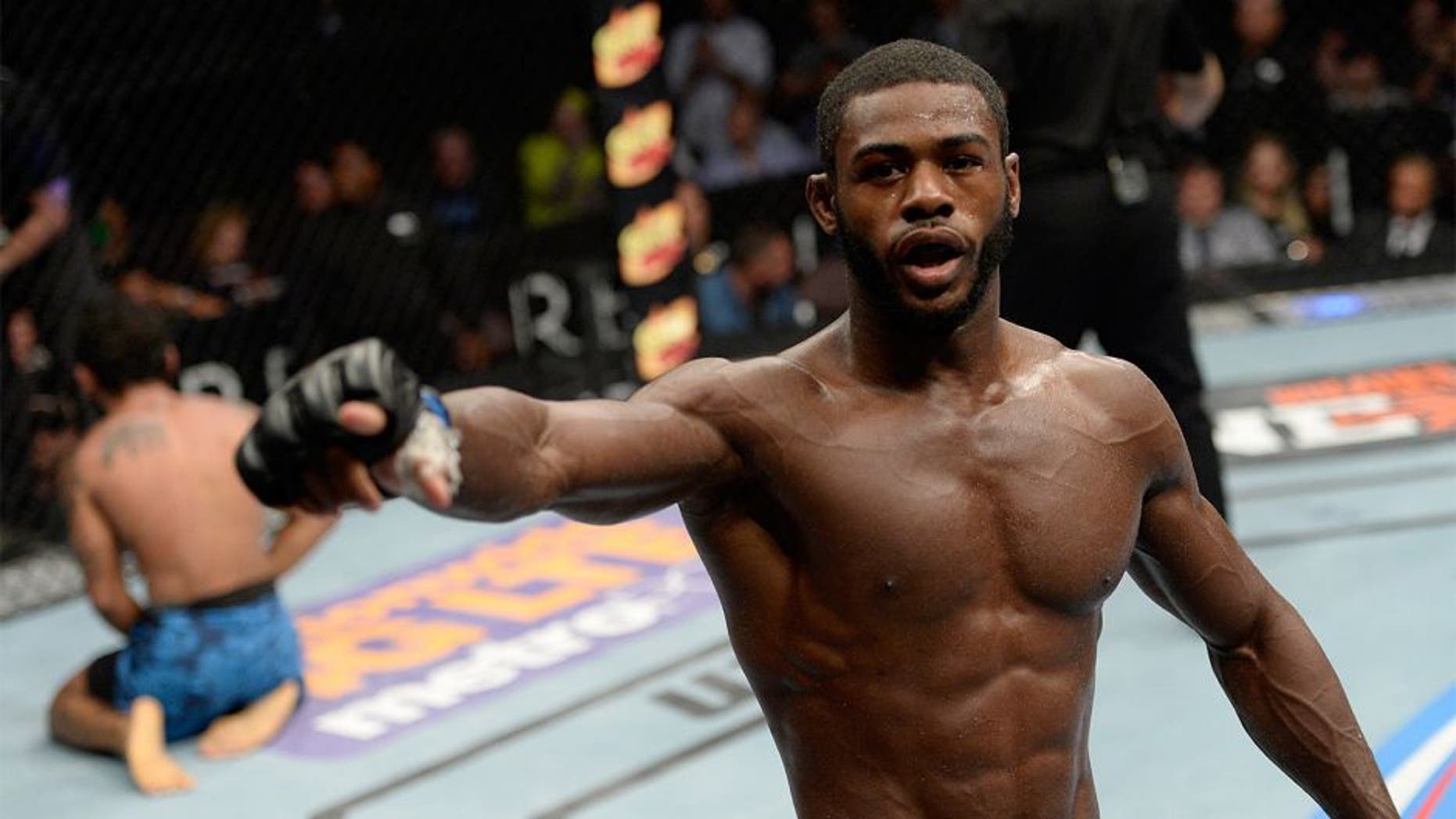 ATLANTIC CITY, NJ - JULY 16: (R-L) Aljamain Sterling celebrates after defeating Hugo Viana in their bantamweight bout during the UFC Fight Night event at Revel Casino on July 16, 2014 in Atlantic City, New Jersey. (Photo by Jeff Bottari/Zuffa LLC/Zuffa LLC via Getty Images) *** Local Caption ***Hugo Viana;Aljamain Sterling