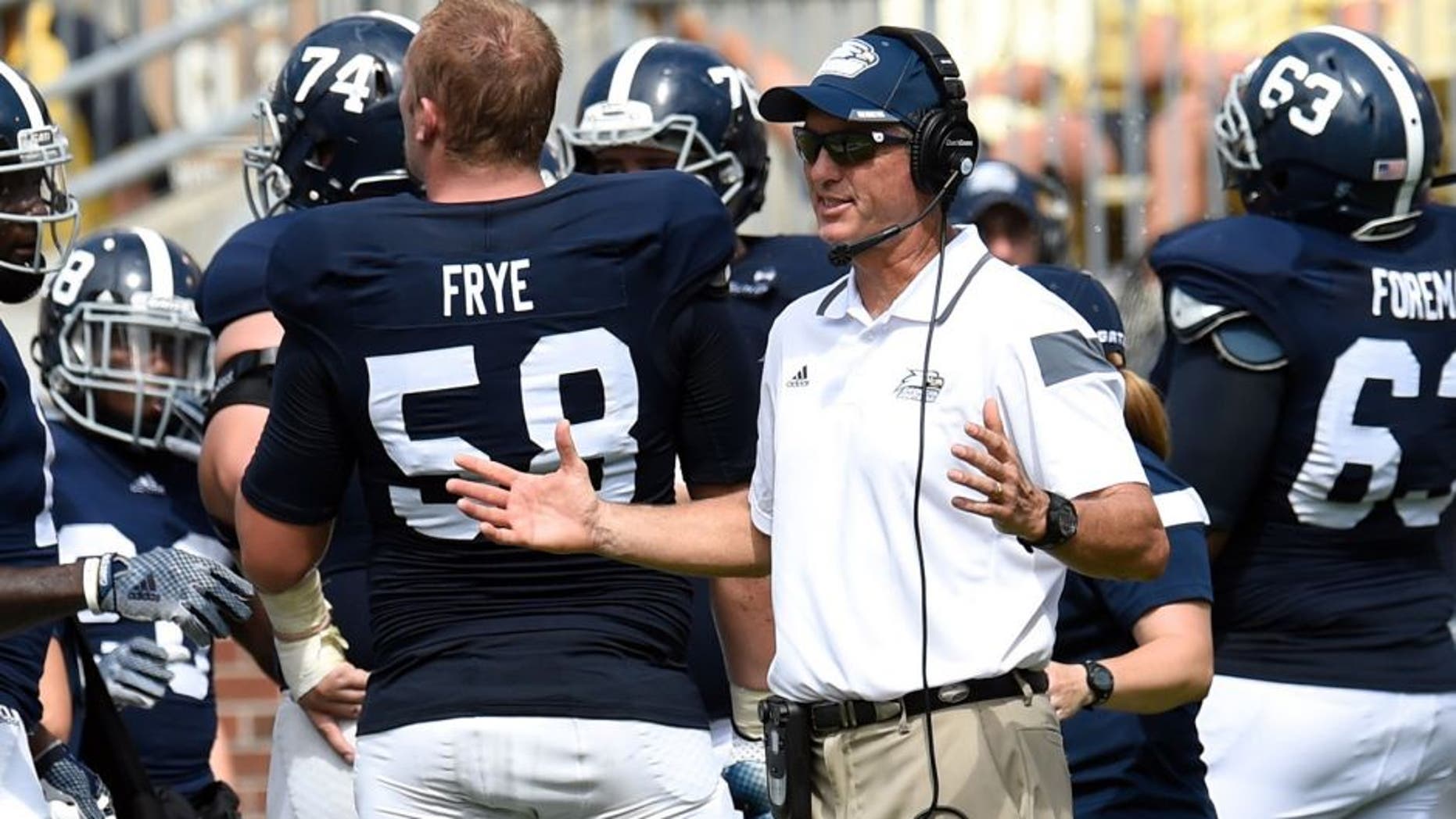 Sep 13, 2014; Atlanta, GA, USA; Georgia Southern Eagles head coach Willie Fritz reacts to a turnover call against the Georgia Southern Eagles during the second half at Bobby Dodd Stadium. Georgia Tech defeated Georgia Southern 42-38. Mandatory Credit: Dale Zanine-USA TODAY Sports