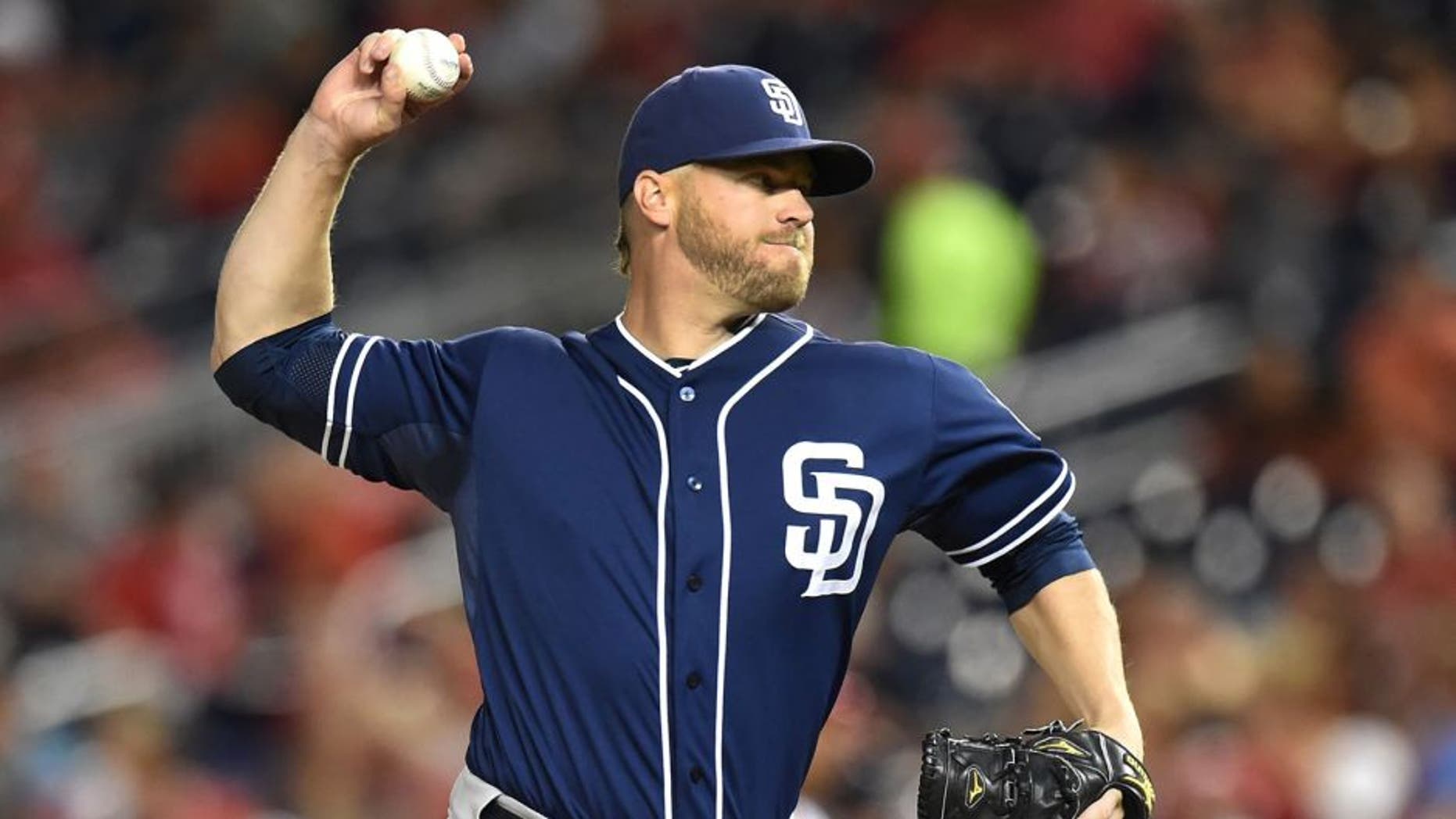 WASHINGTON, DC - AUGUST 26: Shawn Kelley #56 of the San Diego Padres pitches during a baseball game against the Washington Nationals at Nationals Park on August 26, 2015 in Washington, DC. The Padres won 6-5. (Photo by Mitchell Layton/Getty Images)