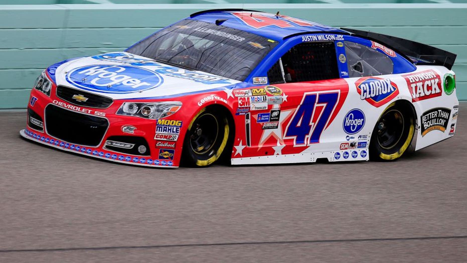 HOMESTEAD, FL - NOVEMBER 20: AJ Allmendinger, driver of the #47 Kroger/Scott Products Chevrolet, practices for the NASCAR Sprint Cup Series Ford EcoBoost 400 at Homestead-Miami Speedway on November 20, 2015 in Homestead, Florida. (Photo by Chris Trotman/NASCAR via Getty Images)
