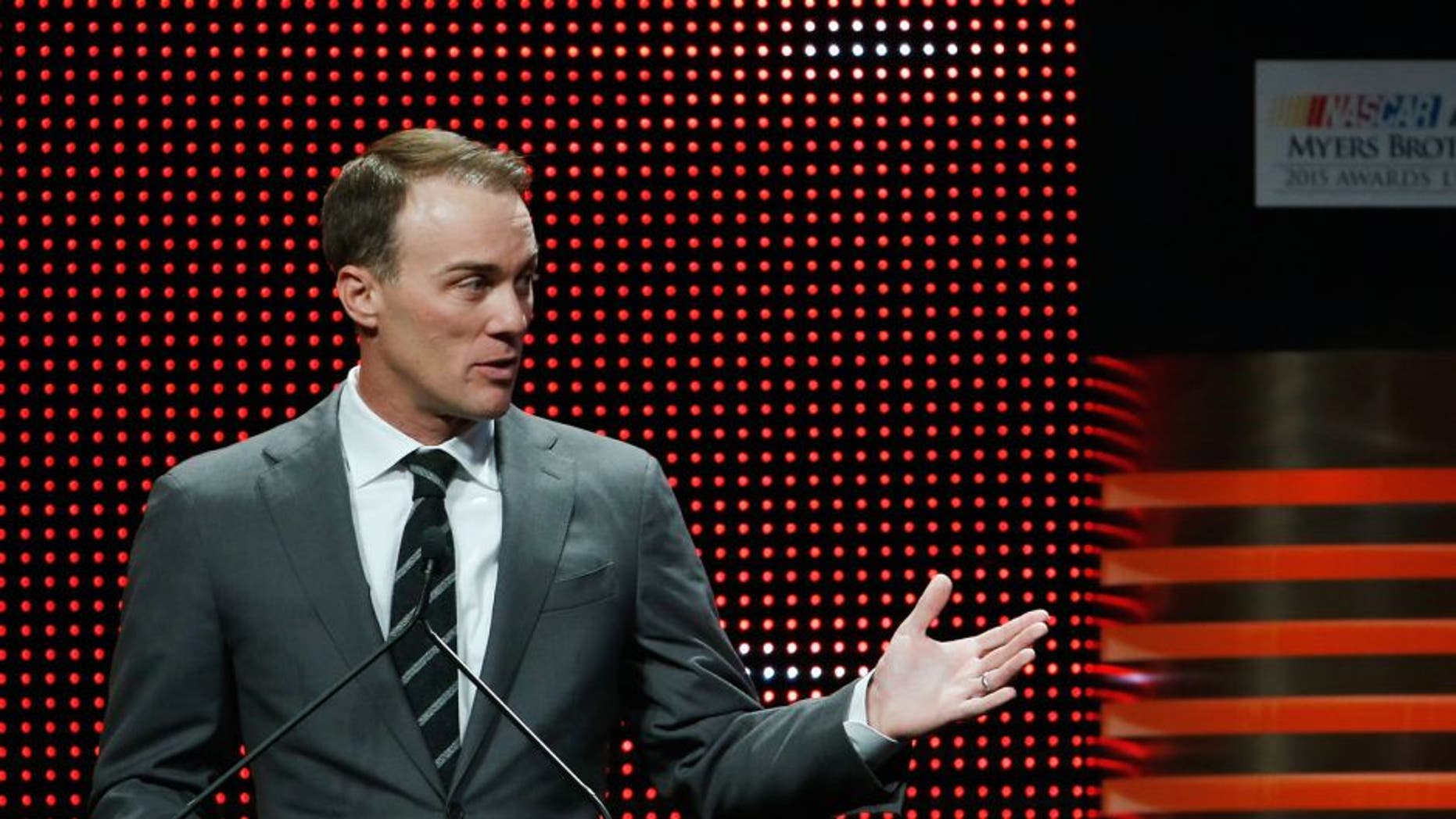 LAS VEGAS, NV - DECEMBER 03: NASCAR Sprint Cup Series driver Kevin Harvick speaks onstage during the 2015 NASCAR NMPA Myers Brothers Awards Luncheon at Encore Las Vegas on December 3, 2015 in Las Vegas, Nevada. (Photo by Brian Lawdermilk/NASCAR via Getty Images)