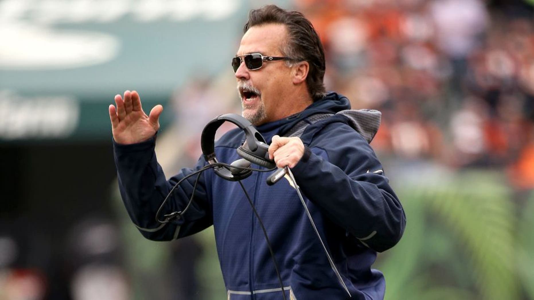 CINCINNATI, OH - NOVEMBER 29: Head coach Jeff Fisher of the St. Louis Rams calls out during the game against the Cincinnati Bengals at Paul Brown Stadium on November 29, 2015 in Cincinnati, Ohio. (Photo by Andy Lyons/Getty Images)
