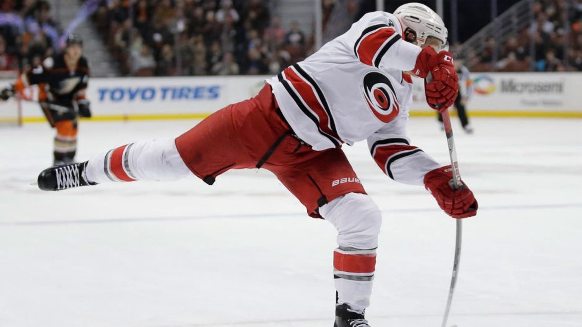 Carolina Hurricanes left wing Jeff Skinner scores against the Anaheim Ducks during the first period of an NHL hockey game in Anaheim, Calif., Friday, Dec. 11, 2015. (AP Photo/Chris Carlson)