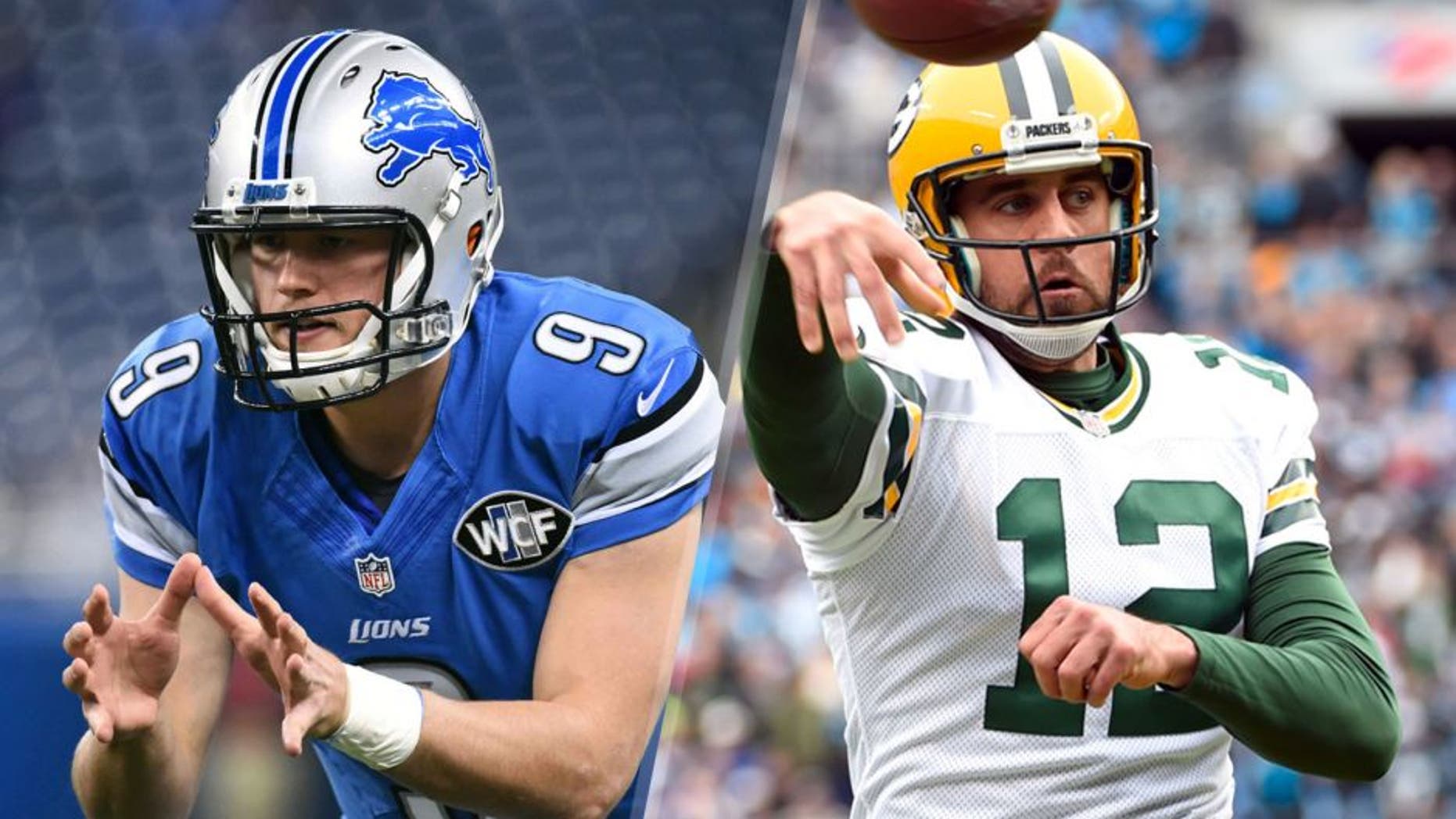 Oct 25, 2015; Detroit, MI, USA; Detroit Lions quarterback Matthew Stafford (9) before the game against the Minnesota Vikings at Ford Field. Mandatory Credit: Tim Fuller-USA TODAY Sports Nov 8, 2015; Charlotte, NC, USA; Green Bay Packers quarterback Aaron Rodgers (12) passes the ball in the first quarter at Bank of America Stadium. Mandatory Credit: Bob Donnan-USA TODAY Sports