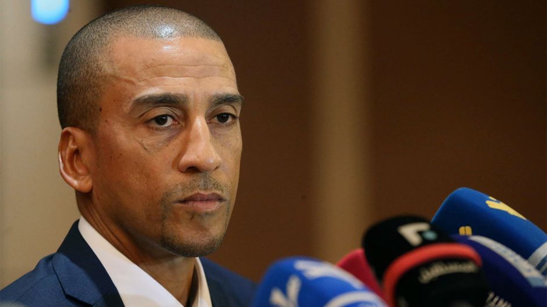 Former Trinidad and Tobago's football player David Nakhid speaks during a press conference to launch his bid to succeed FIFA president Sepp Blatter on September 28, 2015 in the Lebanese capital Beirut. The election to find a successor to Sepp Blatter will be held in Zurich on February 26, 2016. AFP PHOTO / STR (Photo credit should read -/AFP/Getty Images)
