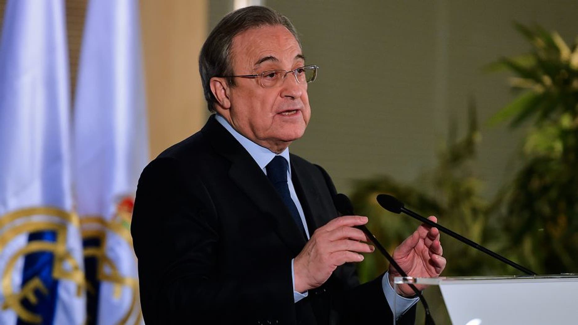 Real Madrid's president Florentino Perez gestures during a press conference at the Santiago Bernabeu stadium in Madrid on December 3, 2015, a day after the team fielded a suspended player during a match against Cadiz. Real Madrid edged closer to the Spanish Cup exit door today after third divison Cadiz appealed their midweek cup defeat because the capital giants had inadvertently fielded Russian international Denis Cheryshev, a move that last season saw second division Osasuna booted out of the cup in an almost identical case. AFP PHOTO/ PIERRE-PHILIPPE MARCOU / AFP / PIERRE-PHILIPPE MARCOU (Photo credit should read PIERRE-PHILIPPE MARCOU/AFP/Getty Images)