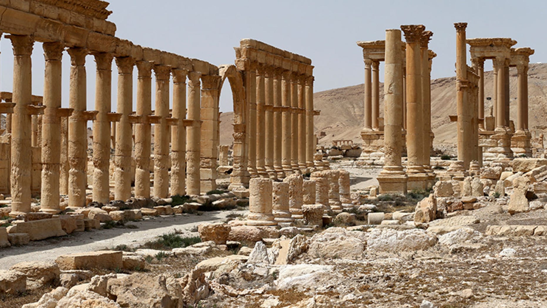 This file photo taken Friday, April 8, 2016 and provided by Russian Defense Ministry press service, shows the ancient ruins in Palmyra, Syria.