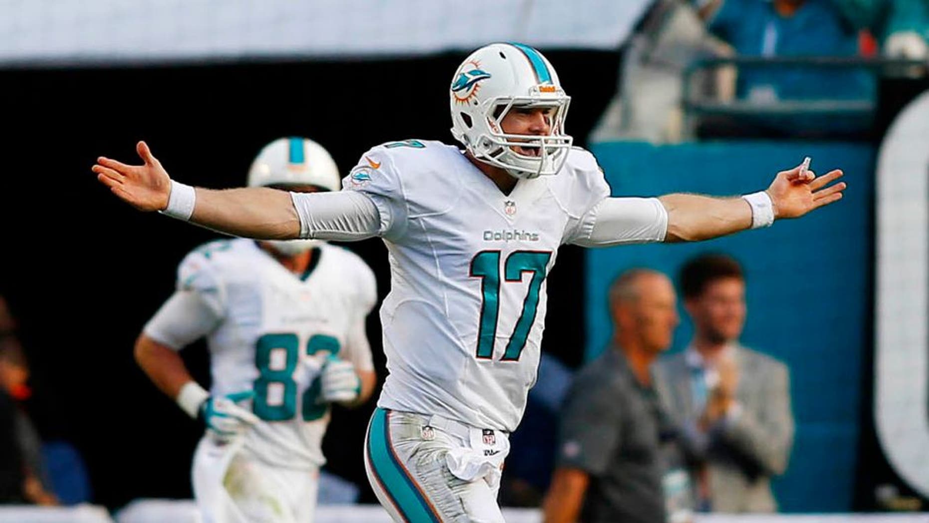Dec 15, 2013; Miami Gardens, FL, USA: Miami Dolphins quarterback Ryan Tannehill (17) reacts after a touchdown pass in the fourth quarter against the New England Patriots at Sun Life Stadium. The Dolphins won 24-20. Mandatory Credit: Robert Mayer-USA TODAY Sports