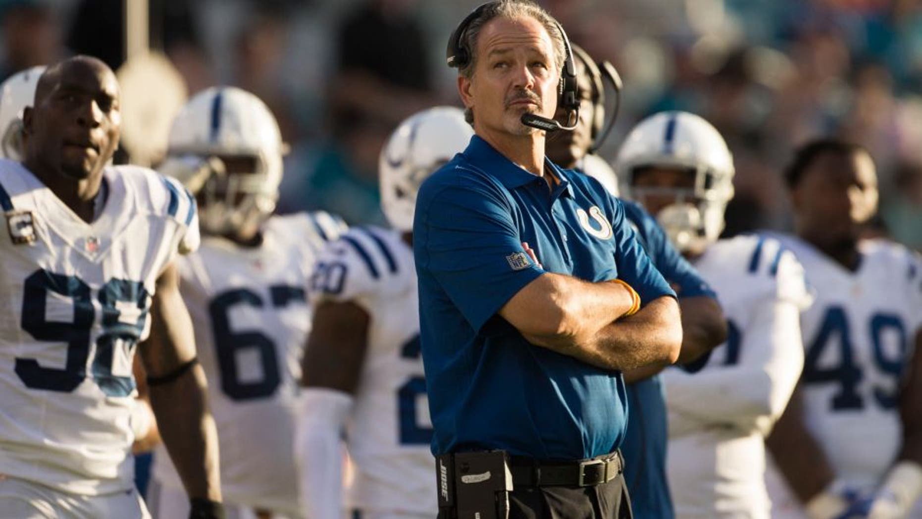 Dec 13, 2015; Jacksonville, FL, USA; Indianapolis Colts head coach Chuck Pagano looks on during the fourth quarter in a game against the Jacksonville Jaguars at EverBank Field. The Jacksonville Jaguars won 51-16. Mandatory Credit: Logan Bowles-USA TODAY Sports
