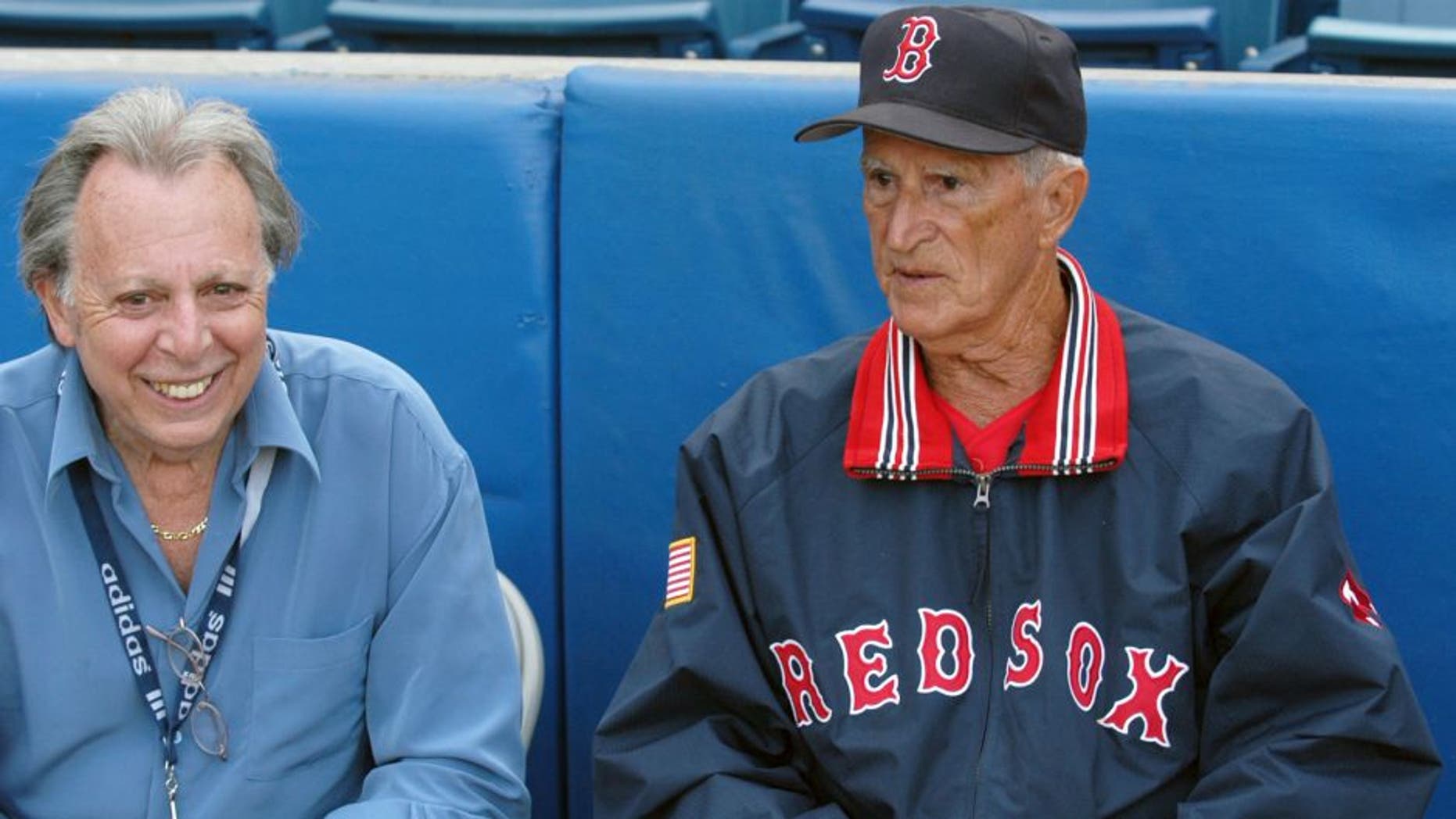 TAMPA, FL - MARCH 24: (L to R) Writer Phil Pepe speaks with former shortstop and coach Johnny Pesky, of the Boston Red Sox, prior to a Spring Training game on March 24, 2004 against the New York Yankees at Legends Field in Tampa, Florida. (Photo by: Diamond Images/Getty Images)