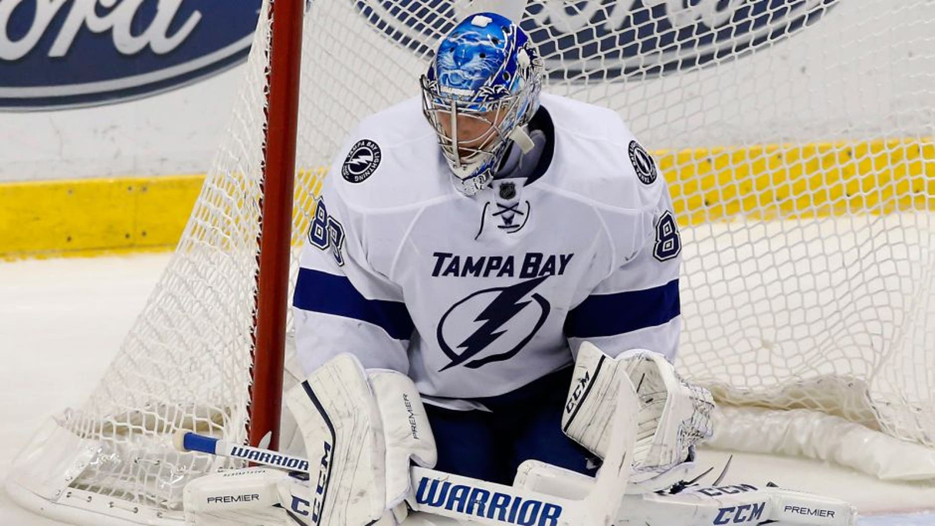 Nov 16, 2015; Sunrise, FL, USA; Tampa Bay Lightning goalie Andrei Vasilevskiy (88) makes a save in the third period of a game against the Florida Panthers at BB&T Center. The Panthers won 1-0. Mandatory Credit: Robert Mayer-USA TODAY Sports