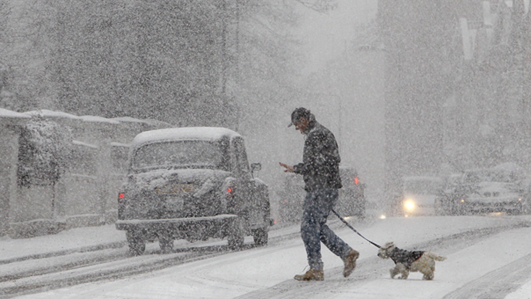 Dec. 18: A pedestrian walks a dog during a snow-fall in central London.