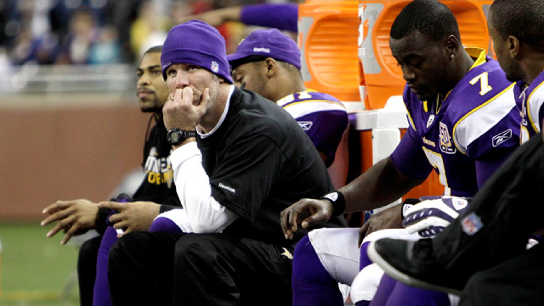 Dec. 13: Minnesota Vikings quarterback Brett Favre watches against the New York Giants in the fourth quarter of their NFL football game at Ford Field in Detroit. (AP)