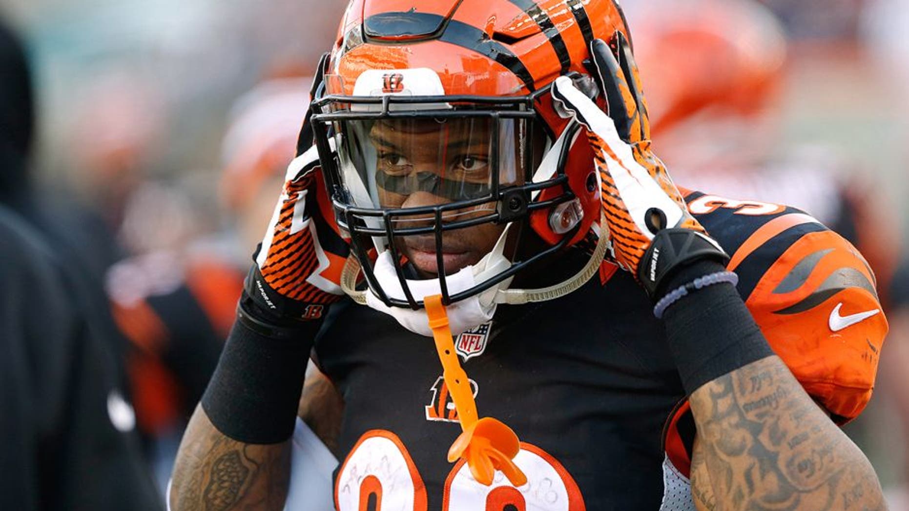Dec 7, 2014; Cincinnati, OH, USA; Cincinnati Bengals running back Jeremy Hill (32) looks on from the sidelines in the second half against the Pittsburgh Steelers at Paul Brown Stadium. The Steelers won 42-21. Mandatory Credit: Aaron Doster-USA TODAY Sports