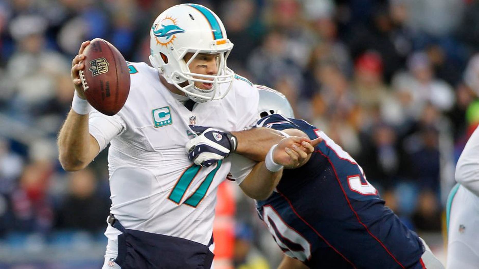 Dec 14, 2014; Foxborough, MA, USA; New England Patriots defensive end Rob Ninkovich (50) tackles Miami Dolphins quarterback Ryan Tannehill (17) during the fourth quarter at Gillette Stadium. The Patriots won 41-13. Mandatory Credit: Stew Milne-USA TODAY Sports