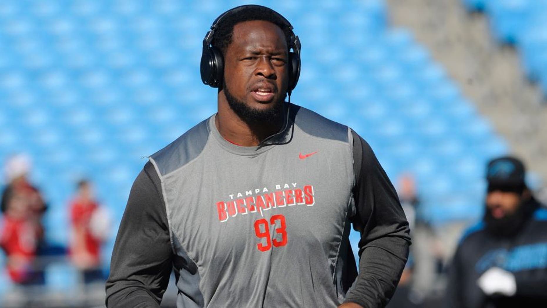 Dec 14, 2014; Charlotte, NC, USA; Tampa Bay Buccaneers defensive tackle Gerald McCoy (93) warms up before the game against the Carolina Panthers at Bank of America Stadium. Mandatory Credit: Sam Sharpe-USA TODAY Sports