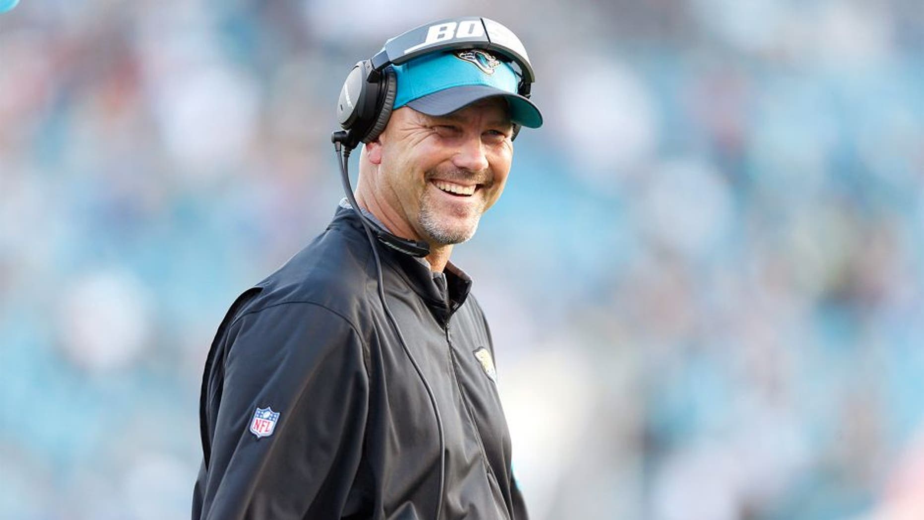 Dec 13, 2015; Jacksonville, FL, USA; Jacksonville Jaguars head coach Gus Bradley smiles against the Indianapolis Colts in the fourth quarter at EverBank Field. The Jaguars won 51-16. Mandatory Credit: Jim Steve-USA TODAY Sports